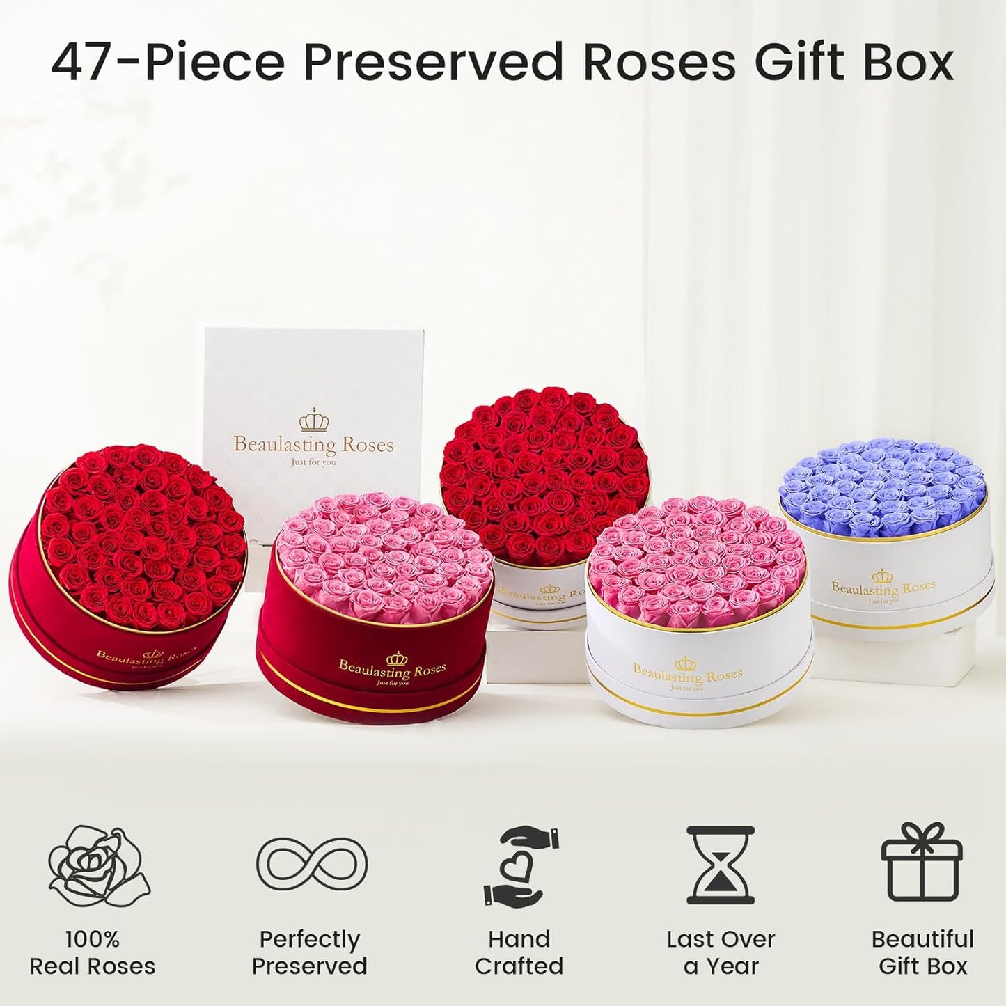Preserved Roses Forever Flowers Real Roses in a Box Mother's Day Birthday Flowers for Her Mom Women Wife Valentine's Day, Pink, 47 Piece