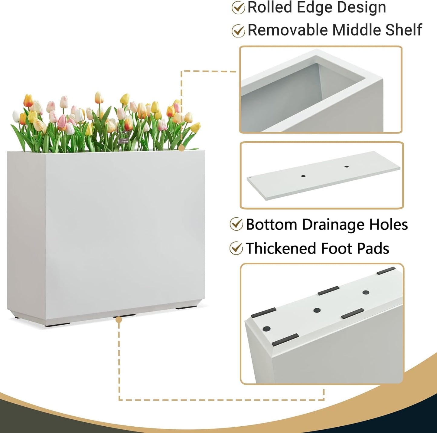 Metallic Heavy Outdoor Planter Box, Span Plant Container, Long and Tall Divider Flower Pot, 30Lx10Wx24H, White, No Assembly 30.8 Pounds