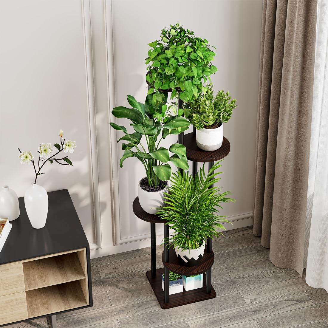 AZERPIAN Plant Stand Indoor 5 Tier Metal Plant Shelf for Multiple Plants Corner Tall Flower Holders for Living Room Balcony Bedroom Patio Garden (Black Oak, 5 Tier)