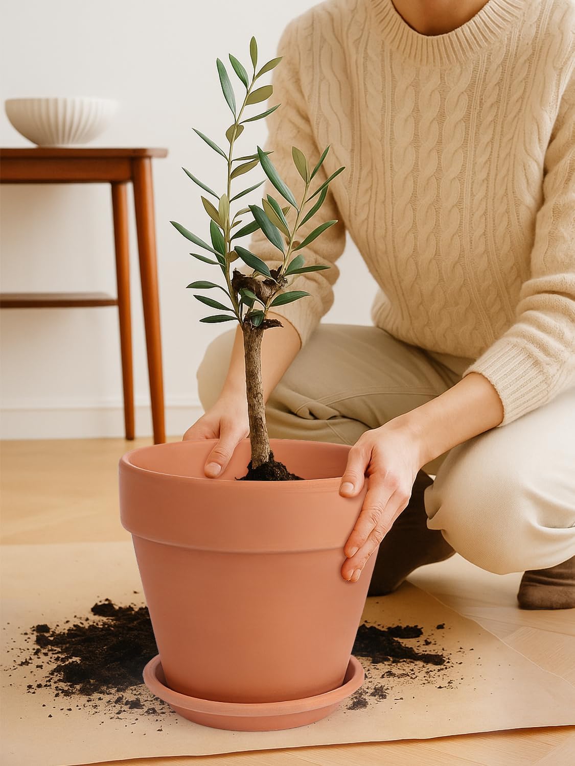 INGOFIN 12 Inch Terracotta Pot with Saucer - Ceramic Clay Pot for Plants with Drainage Hole, Large Terra Cotta Flower Planter with Tray for Indoor Outdoor Plants
