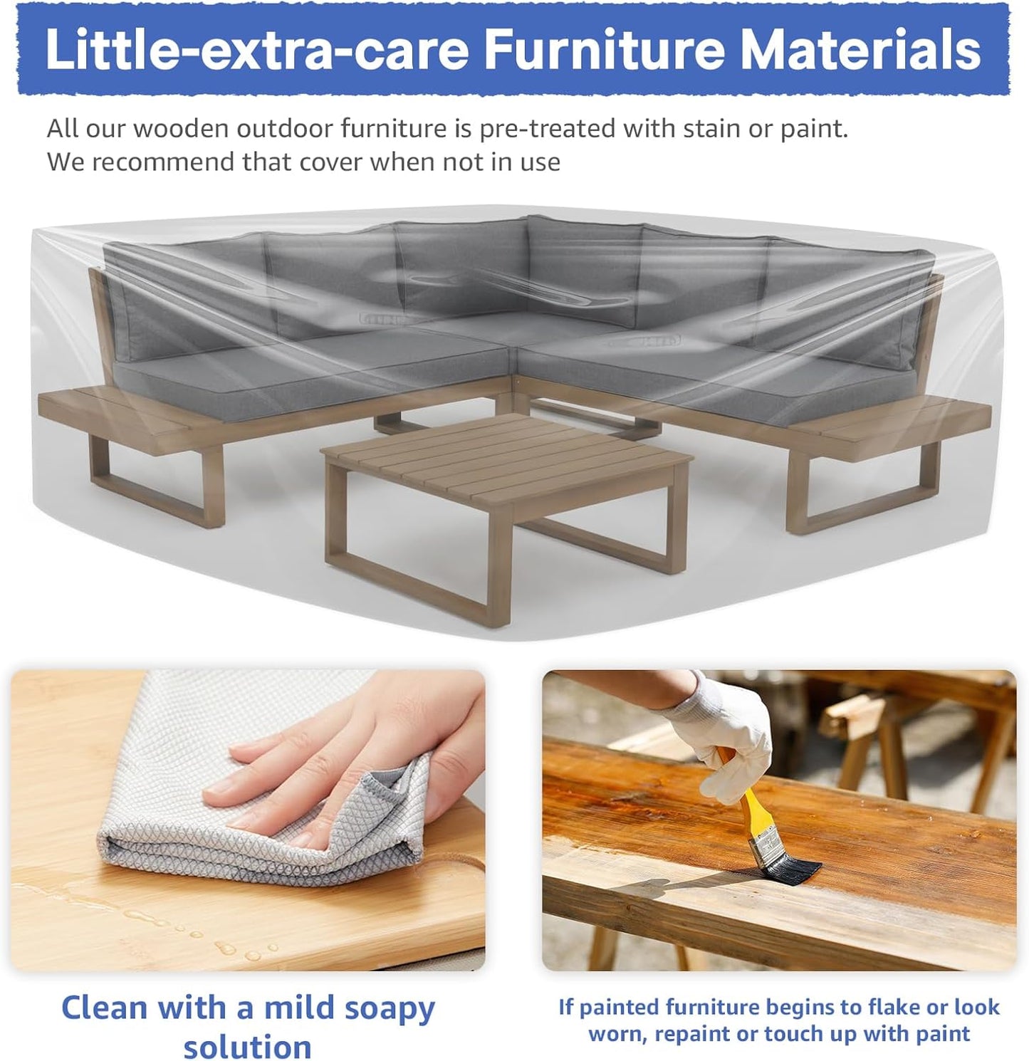 Soleil Jardin 4 Piece Acacia Wood Patio Furniture L-Shaped Outdoor Sectional Sofa Set with Coffee Table, FSC Certified Conversation Set with Built-in Side Table and Grey Cushions for Garden