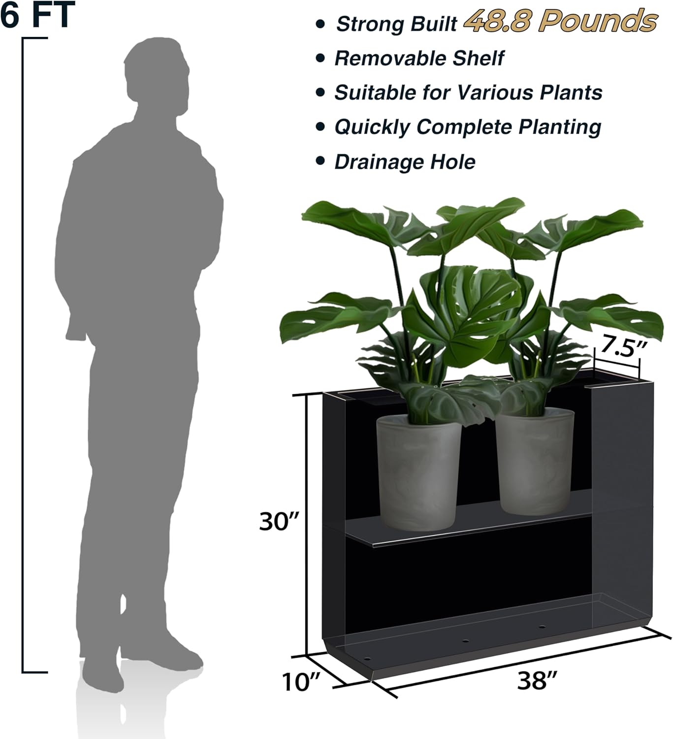 Metallic Heavy Outdoor Planter Box, Span Planter, Pure Black with Hand Brushed Gold Rim, Long and Tall Divider Planter, No Assembly and Seamless, 38”Lx10”Wx30”H 48.8 Pounds