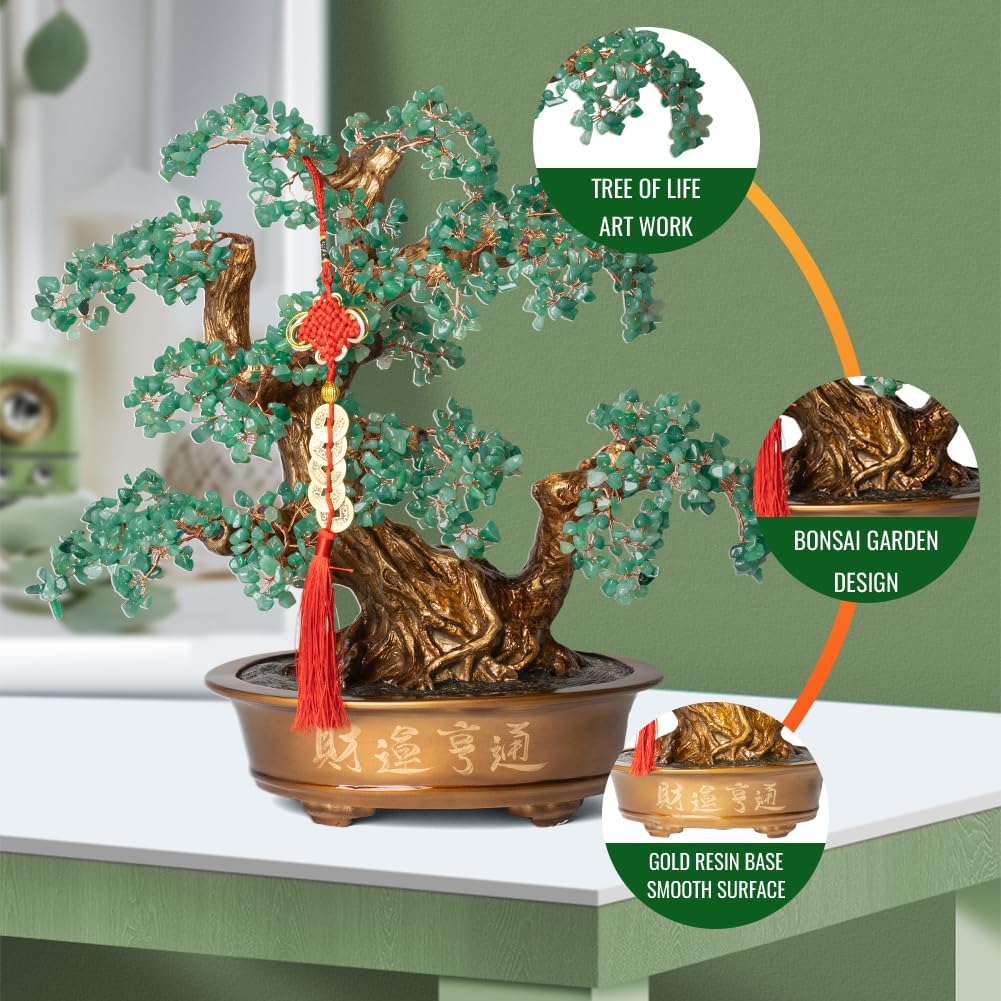Green Aventurine Gemstone Crystal Bonsai Tree of Life(1,350 Gemstone Count) Large Feng Shui Money Chakra Tree for Luck and Wealth Desk Decoration 20 Inches