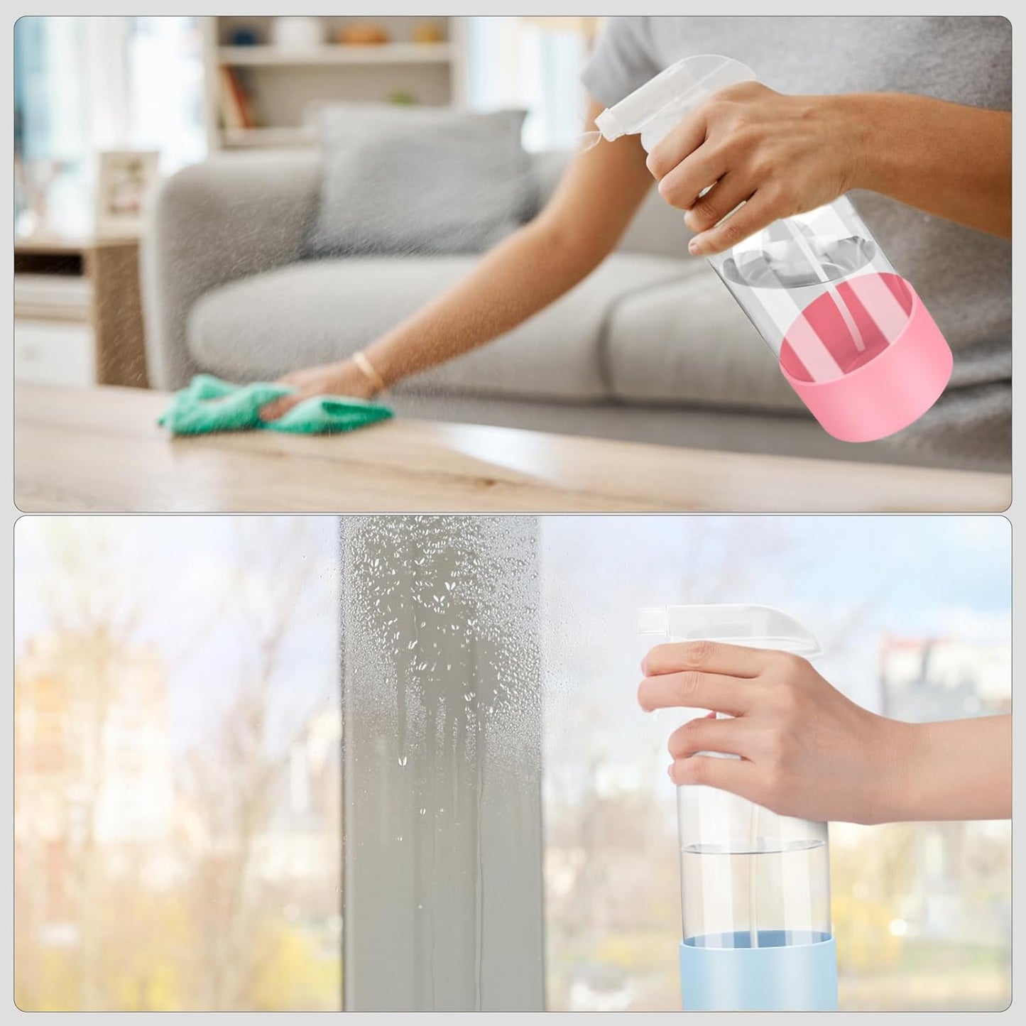 2 Pack Glass Spray Bottles with Silicone Sleeve, 16 oz Empty Refillable Containers with Adjustable Spray Nozzles, Spray Bottles for Hair, Cleaning Solutions and Plants Blue&Pink