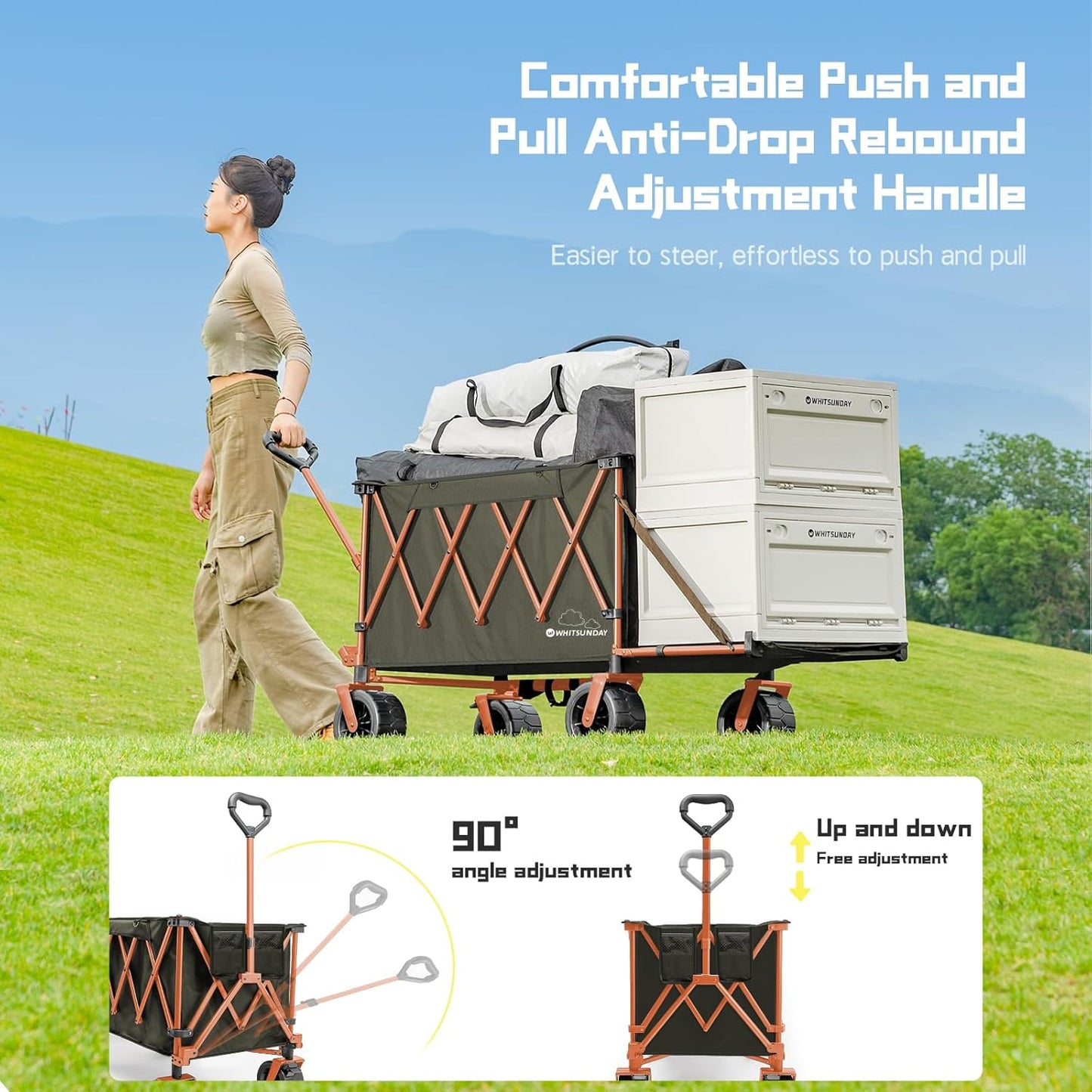 Whitsunday Collapsible Folding Wagon with Table, Heavy Duty Utility Beach Wagons with Opened Tailgate and All-Terrain Wheels for Camping,Garden,Sports (Max Orange)