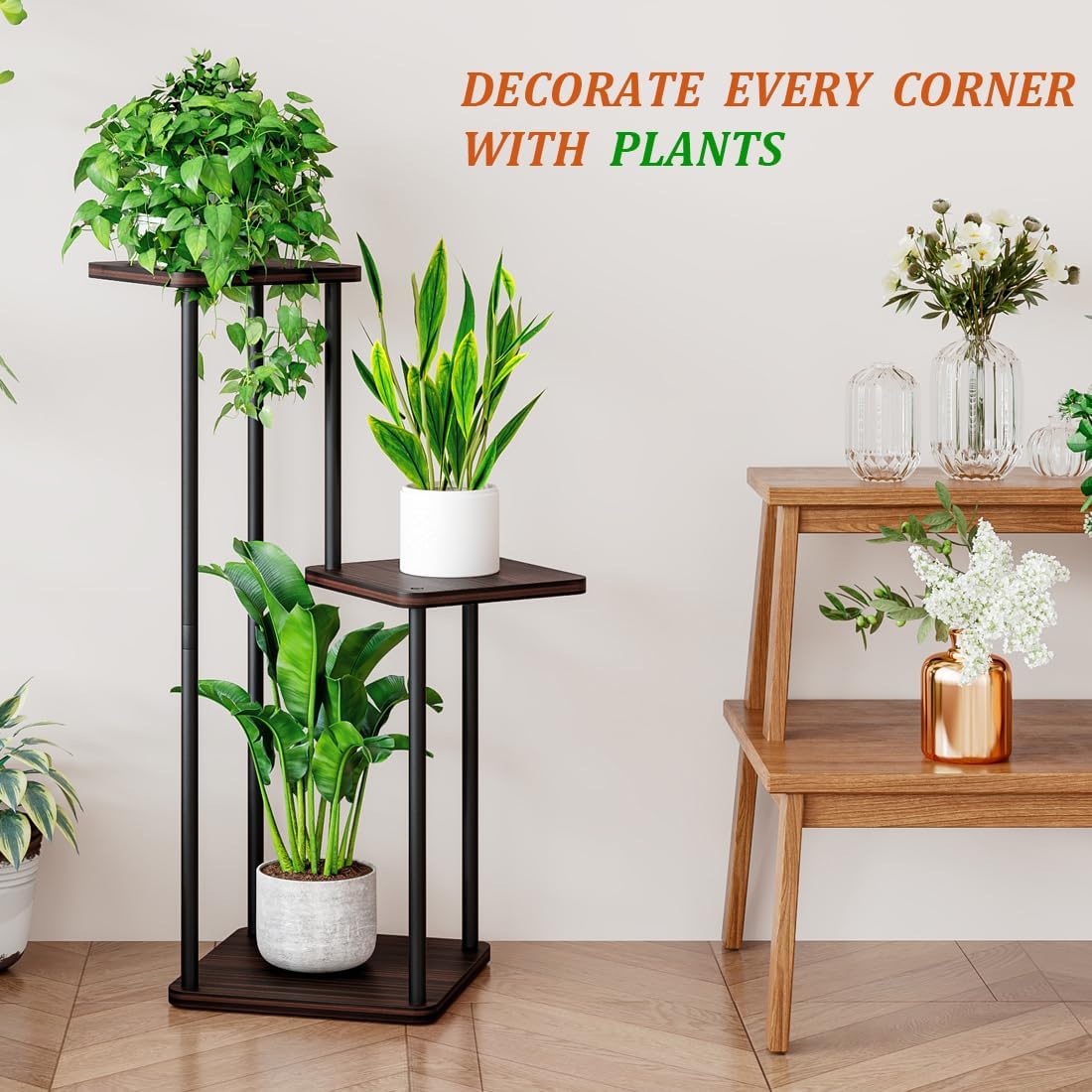 AZERPIAN 3 Tier Plant Stand Indoor Metal Plant Shelf for Multiple Plants Corner Flower Holders for Living Room Balcony Bedroom Patio Garden, Black (Black Oak, 3 tier)