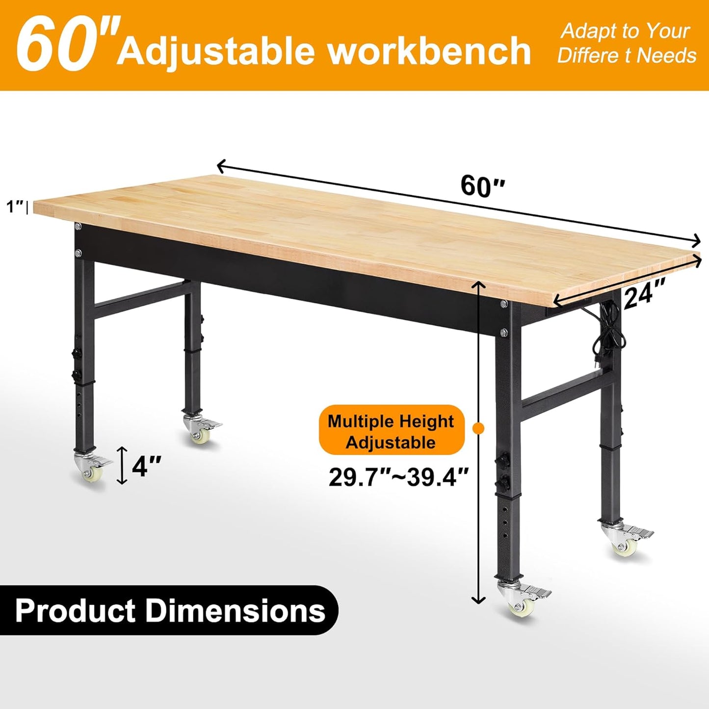 60" Adjustable Work Bench, Rubber Wood Top Workbench Heavy-Duty Work Table with Power Outlet with Wheels, 2000 LBS Load Capacity Hardwood Work Benches for Garage, Workshop, Home, Office, Easy Assembly