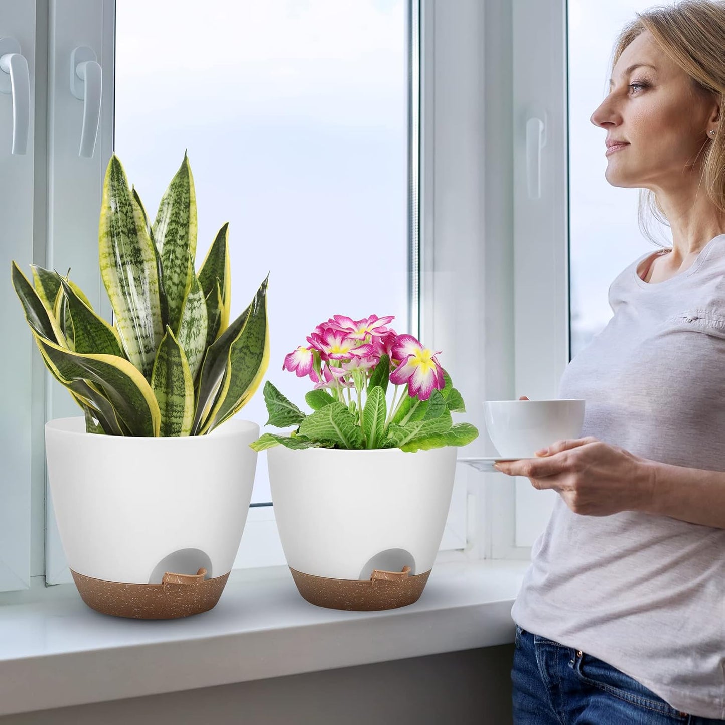 Plant Pots 10/9/8/7.5/7 Inch Self Watering Pots, Set of 5 Plastic Planters with Drainage Holes and Saucers,Plastic Flower Pots,Nursery Planting Pot for Indoor Out Door Plants(White)