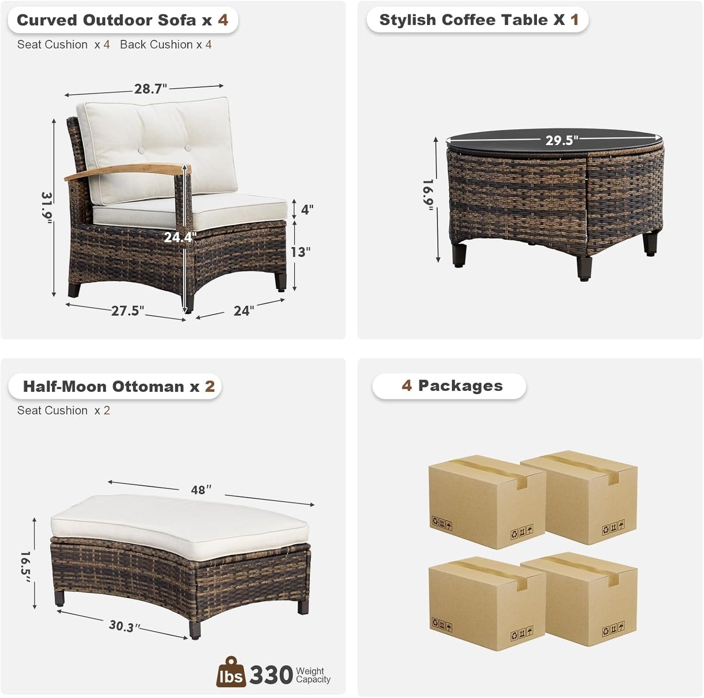 8 Piece Outdoor Patio Furniture Set, Half-Moon Curved Sectional Set with Wood Armrests, 2 Half-Moon Ottomans, Round Table (Brown)