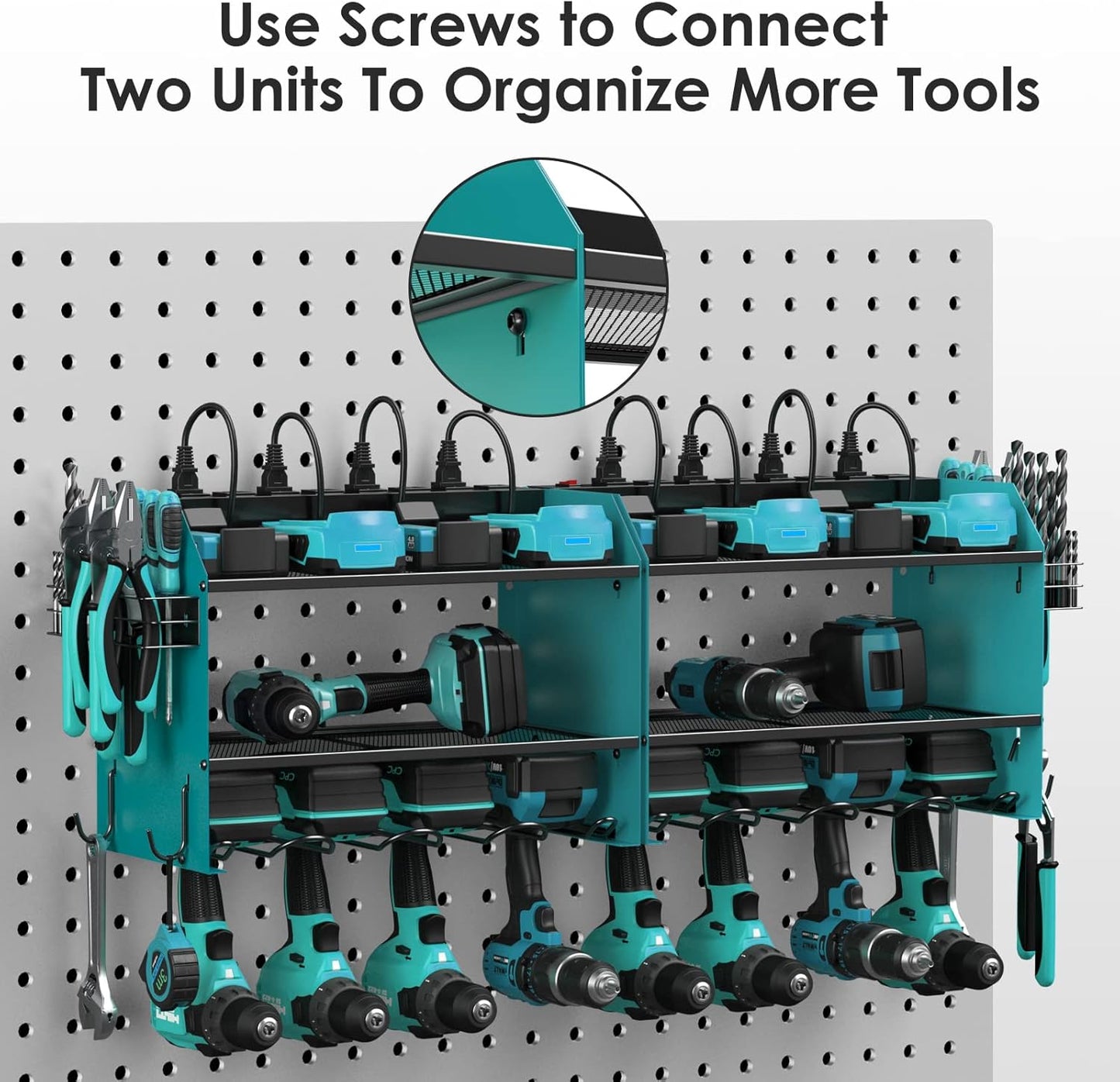 CCCEI Set Power Tool Organizer Wall Mount with Charging Station. Garage 4 Drill Storage Shelf with Hooks, Heavy Duty Metal Tool Battery Charger Organizer. Shop Utility Rack with Power Strip Navy Blue.