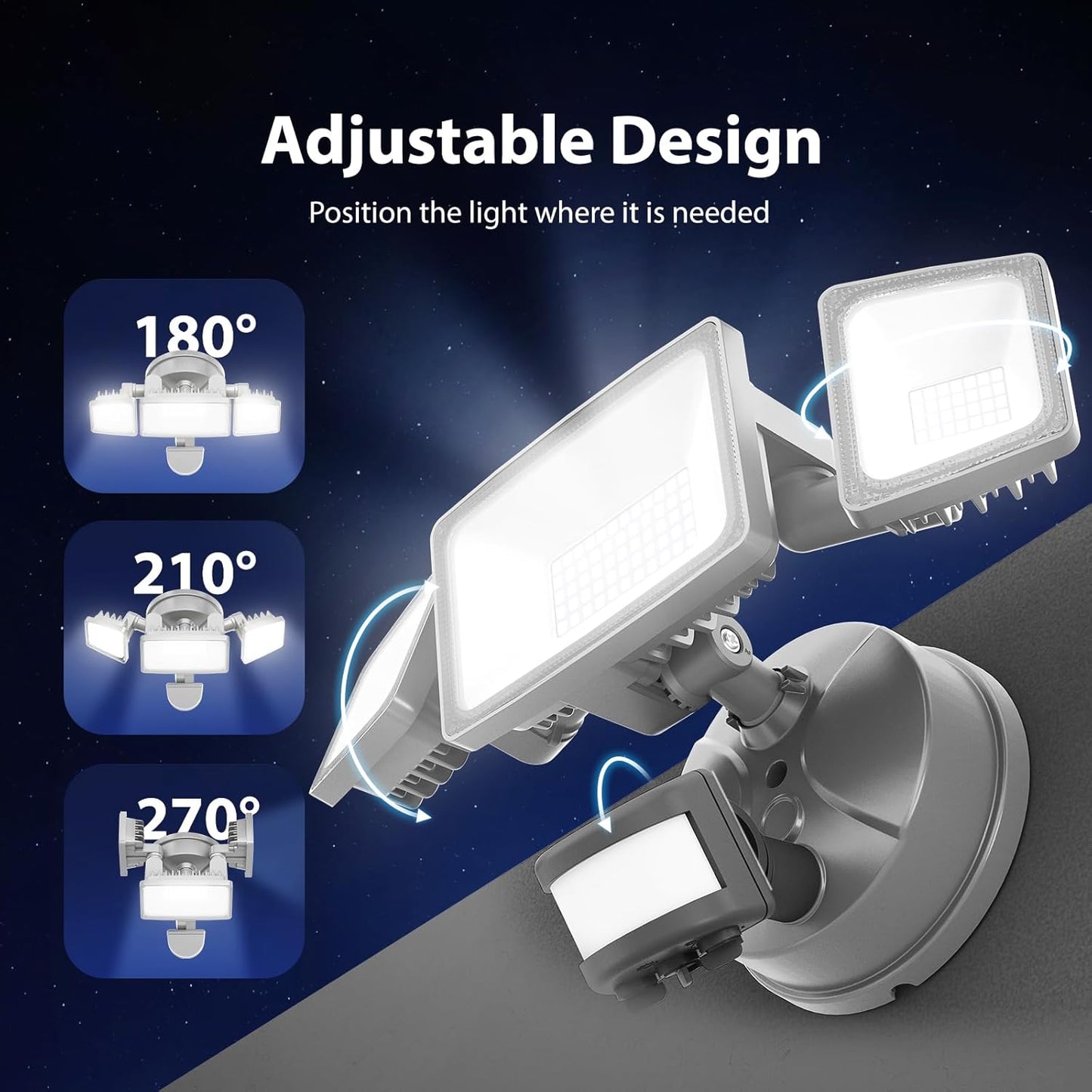 Onforu 65W LED Security Lights Motion Sensor Light Outdoor, 6500LM, 6500K, IP65 Waterproof, Flood Light Outdoor Motion Detector with Adjustable 3 Head, Hardwired Wall Light for Entryway, Yard (Gray)