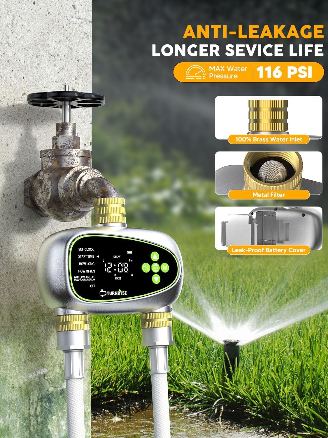 Water Timer for Garden Hose - 2 Zone Sprinkler Controller with Soil Moisture Sensor, Rain Delay & Brass Inlet Programmable Hose Timer, Automatic Drip Irrigation System for Yard Lawn Greenhouse