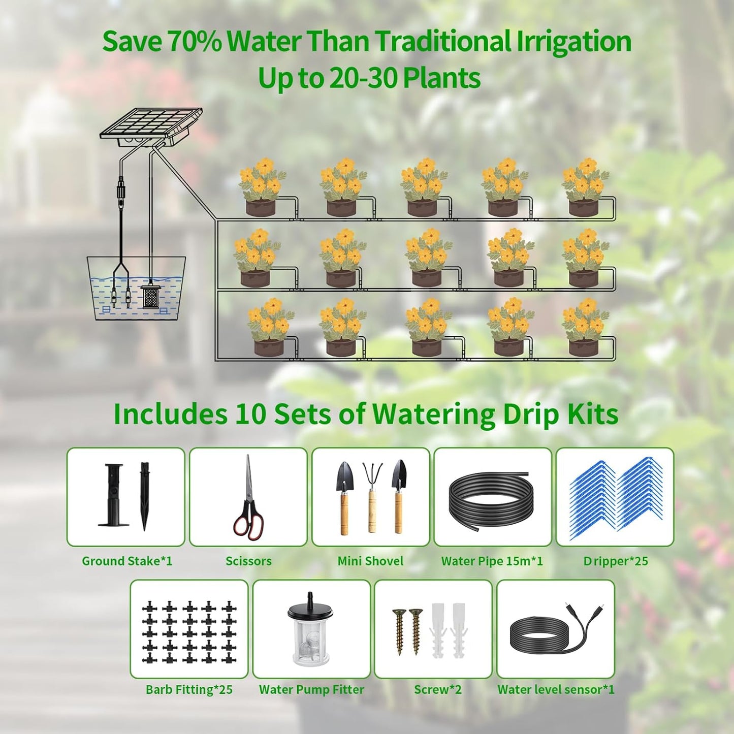 82FT Solar Drip Irrigation System, Auto Watering Kit for 20-30 Pots, Solar-Powered Plant Watering, 25 Timer Modes, 900ml/min Flow Indoor/Outdoor Garden, Balcony & Patio Irrigation System