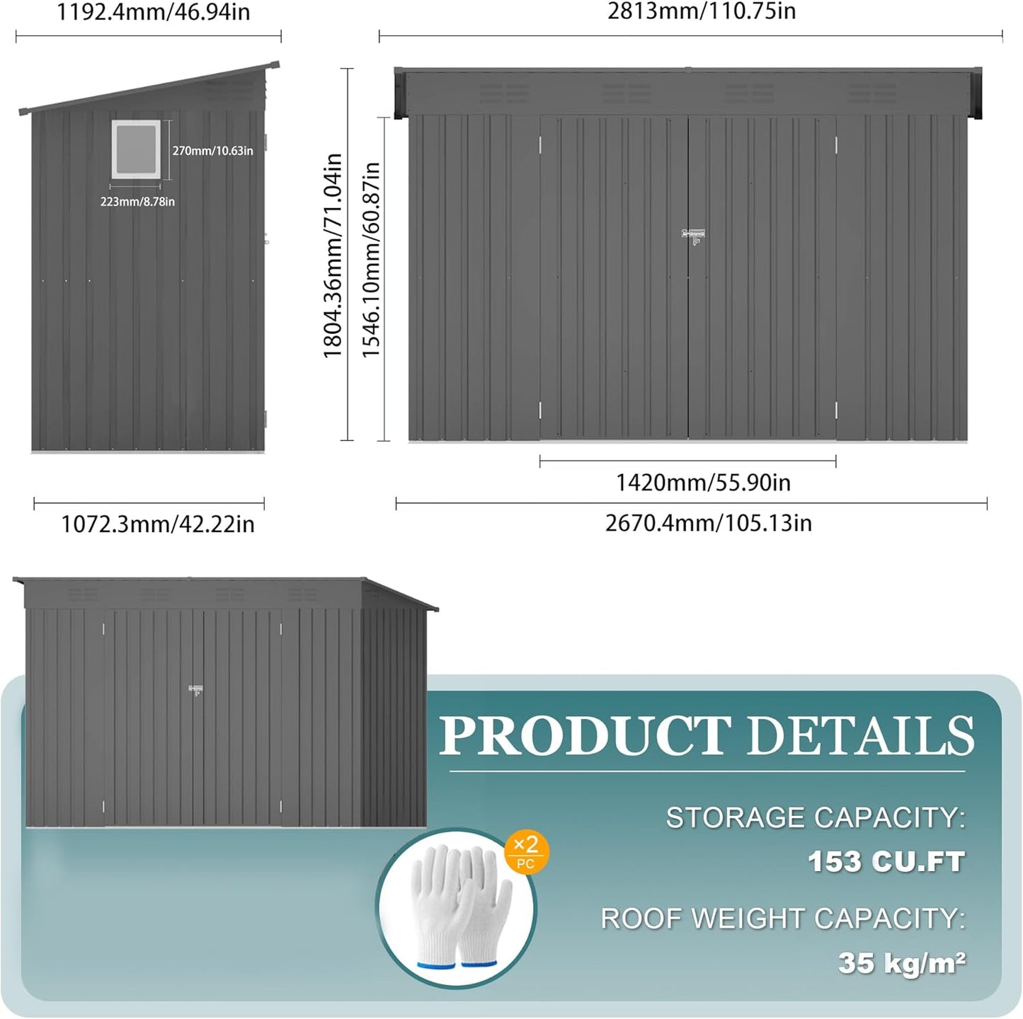 4 * 9.2 * 6 FT Outdoor Storage Shed, Galvanized Steel Garden Shed with Lockable Door & Window, Waterproof Metal Tool Storage for Garden, Backyard, Patio, Lawn(Gray)