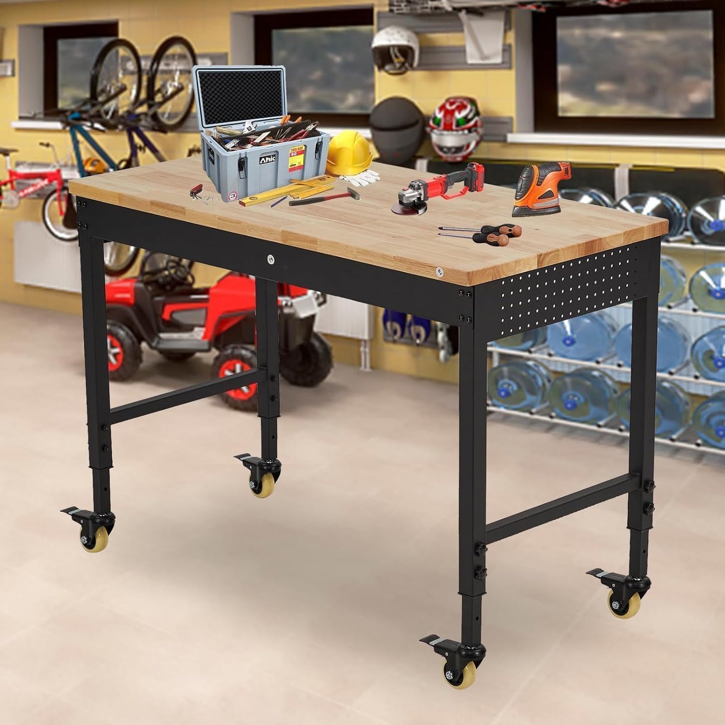 48'' Adjustable Workbench on Wheels, 2000LBS Heavy Duty Worktable with Power Outlets & Drawers & Pegboard, Rubberwood Workstation for Workshop, Garage, Office, Home