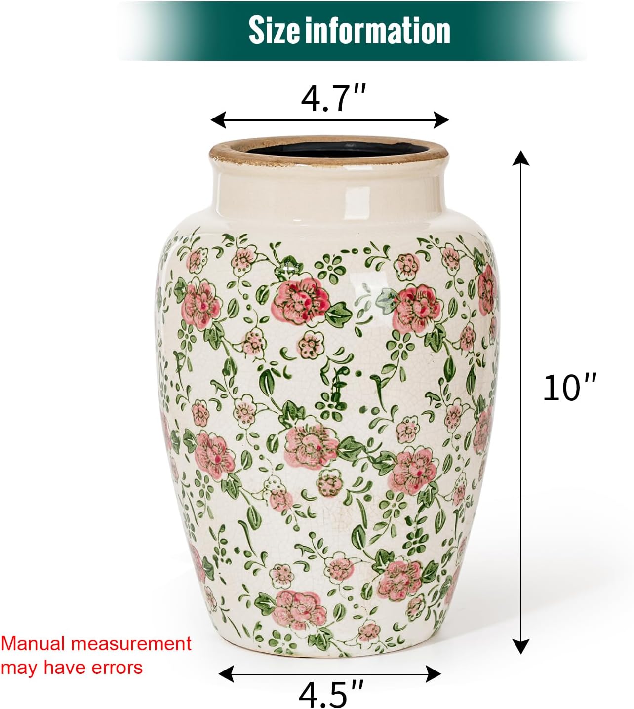 Sungmor Ceramic Flower Vase, Vintage Ice Cracked Glaze Porcelain Vase, Pretty Home Decor Vase for Flower Arrangement, Fresh Flowers, 10.2 Inch Tall Chinoiserie Pottery Vase, Pink Floral Pattern
