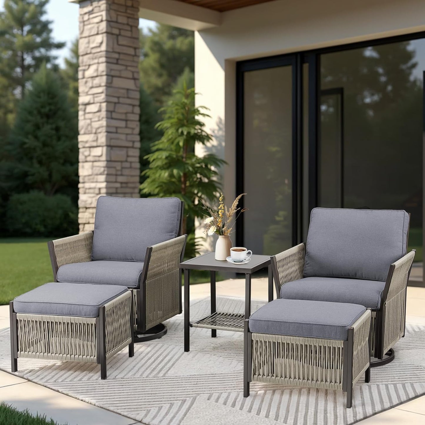 Patio Furniture Wicker Outdoor Conversation Set, 5-Piece All Weather Patio Furniture Rattan Rocking Sets w/Removable Cushions & Ottomans, Side Table for Backyard, Balcony, Deck, Dark Grey