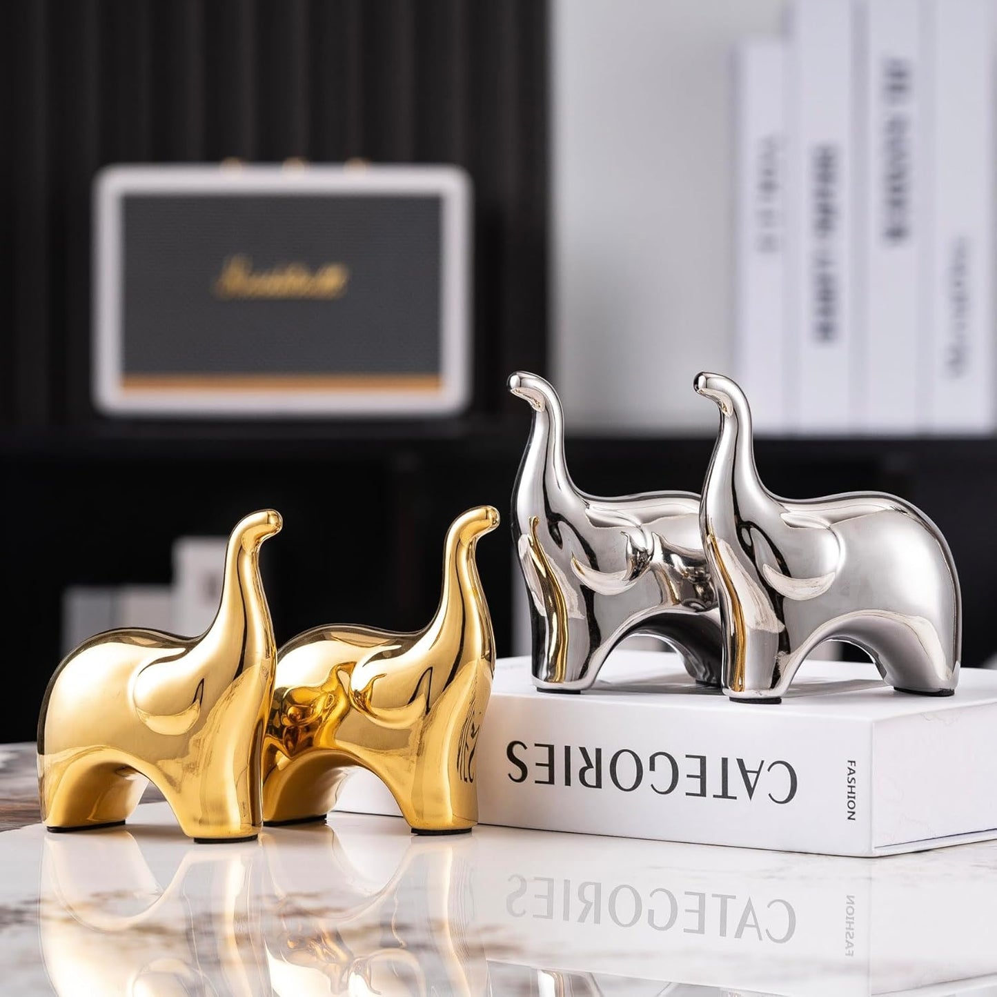 Loving Pair of Small Cute Silver Elephant Statues Silver Home Decor Modern Boho Style Figurine Decorative Ornaments for Living Room, Bedroom, Office Desktop, Cabinets, Shelf