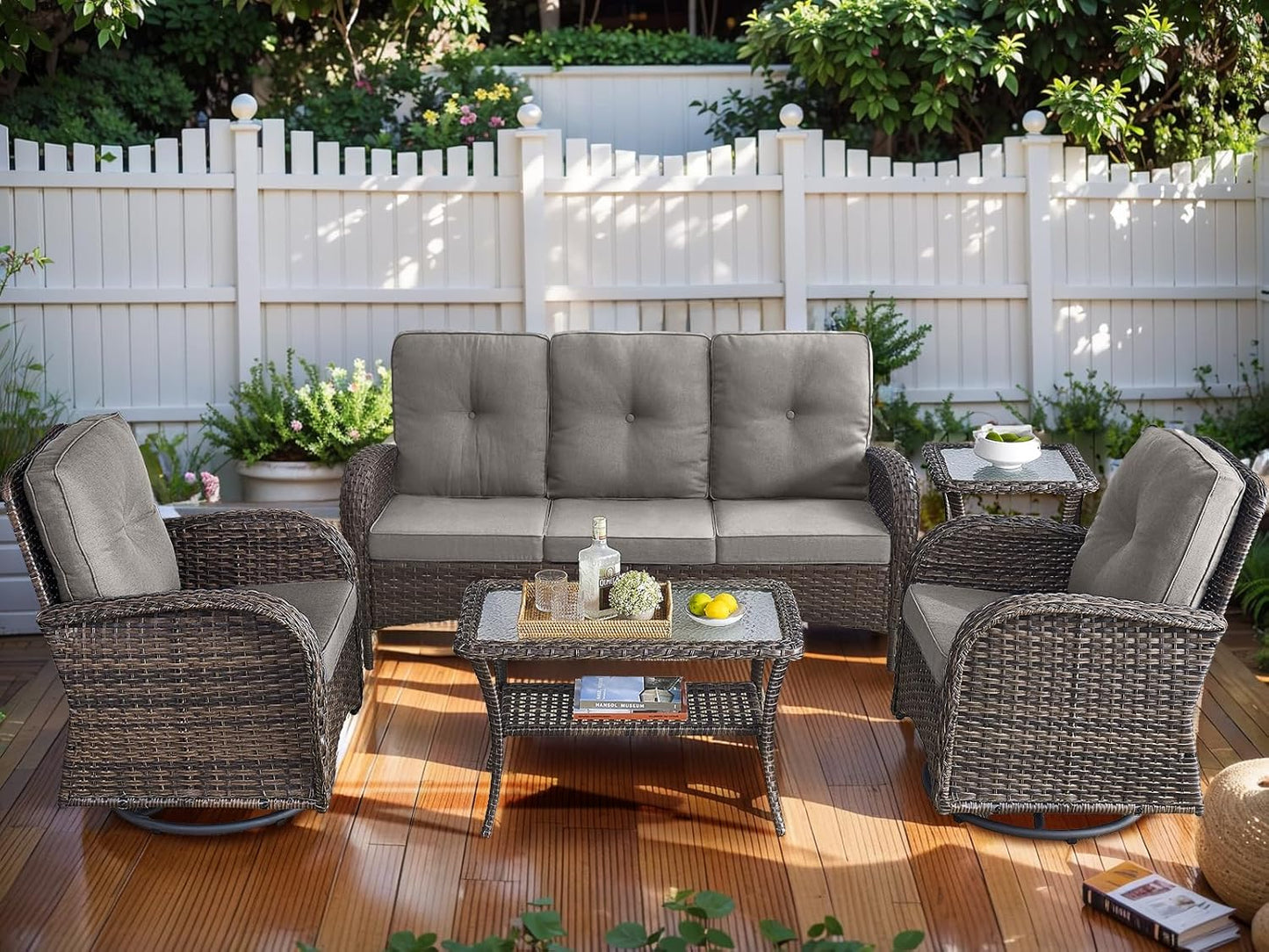 HUMMUH Outdoor Swivel Chairs,3 Pieces Patio Furniture Set with 360 Degree Wicker Swivel Rocking Chairs and Side Table for Garden,Porch,Backyard (Brown/Grey)