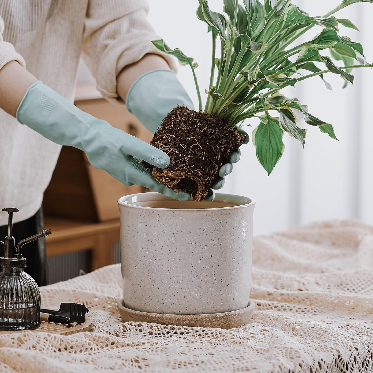 8 Inch Plant Pot: Ceramic Planter with Drainage Hole & Saucer for Indoor Outdoor Plants - Flowerpot with Bonded Tray for Home Office - Retro Style, Grey