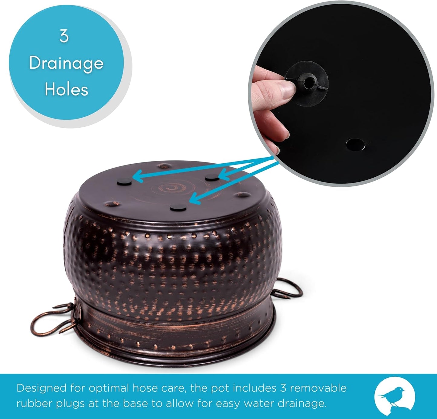 BirdRock Home Water Hose Holder - Decorative Metal Pot, Indoor or Outdoor, Garden Storage Organizer, Patio Portable Bucket - Distressed Bronze, Holds up to 200ft Hoses, Large with Lid