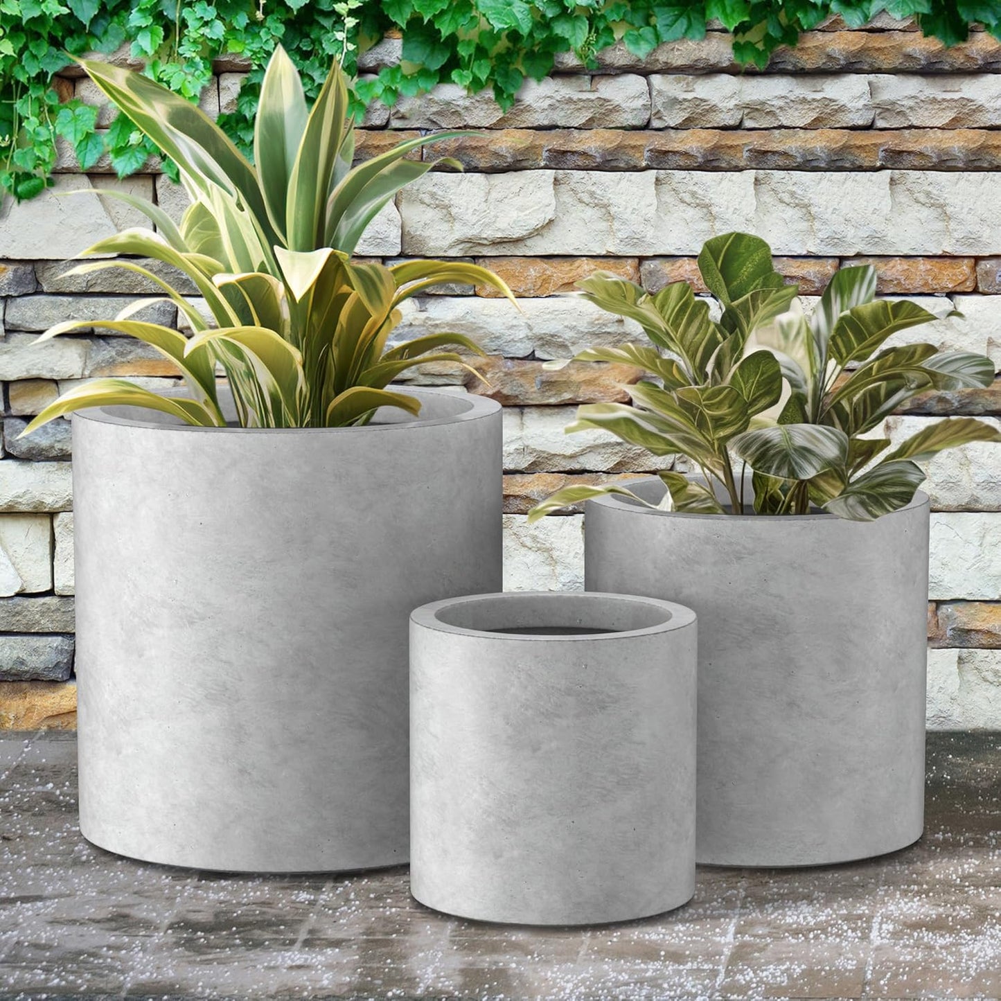 Kante 9.8",12.6",15.7" Dia Round Concrete Planter Set of 3, Modern Style Large Cylindrical Plant Pot with Drainage Hole and Rubber Plug for Indoor Outdoor Patio, Natural Concrete