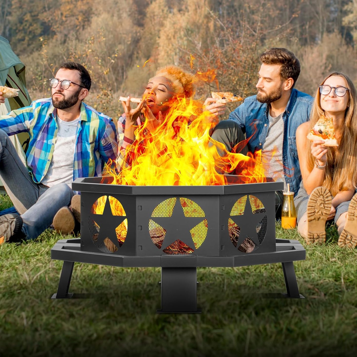 32 inch Fire Pit for Outside, Heavy Duty Wood Burning Fire Pits with Fire Poker, Outdoor Octagonal Firepit for Camping, Yard, Patio