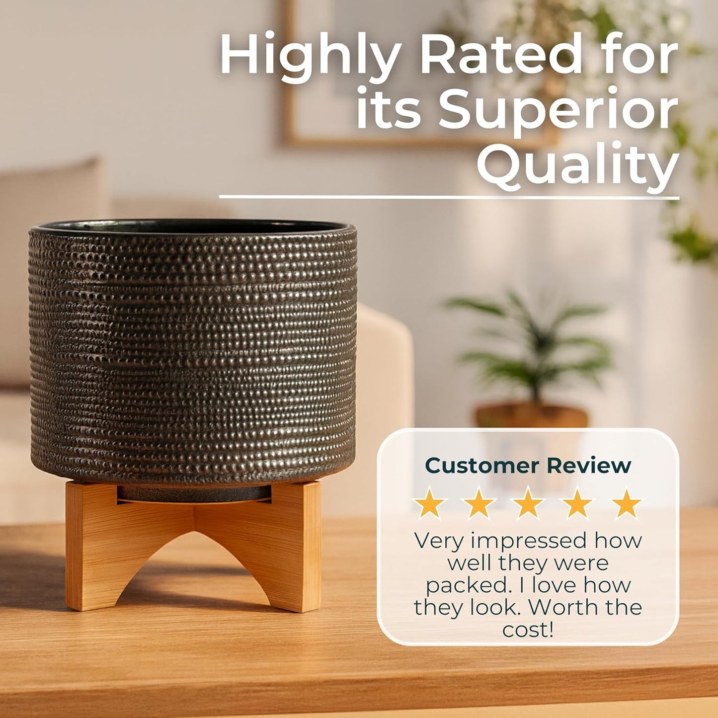 Sagebrook Home Ceramic Planter with Bamboo Stand - Textured Mid-Century Modern Plant Pot for Indoor & Outdoor Home Garden Decor - 10" Green