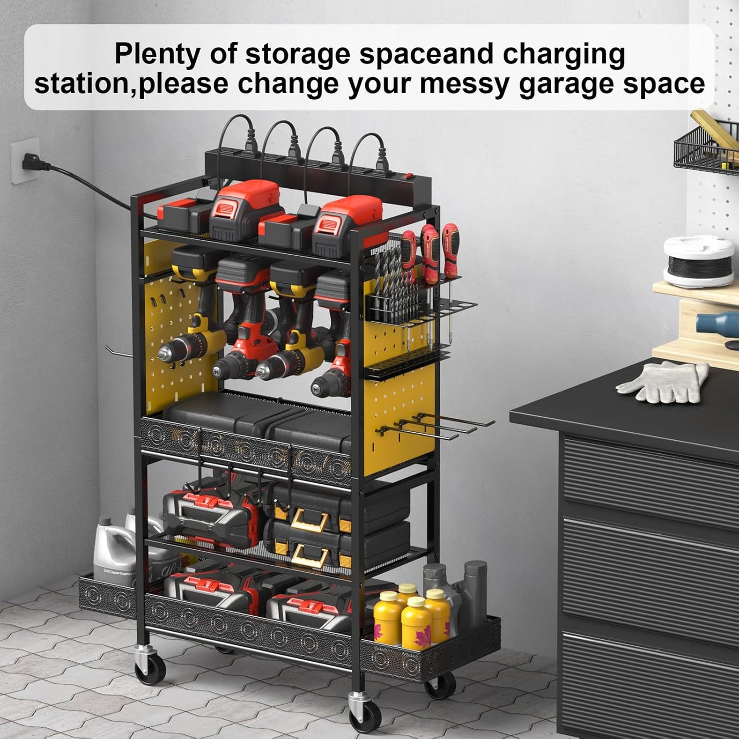 CCCEI Garage Power Tools Organizer Cart with Charging Station, Black Floor Standing Rolling Drill and Tools Battery Storage Cart on Wheels. Yellow Utility Rack Gift for Men, Husband, Father.