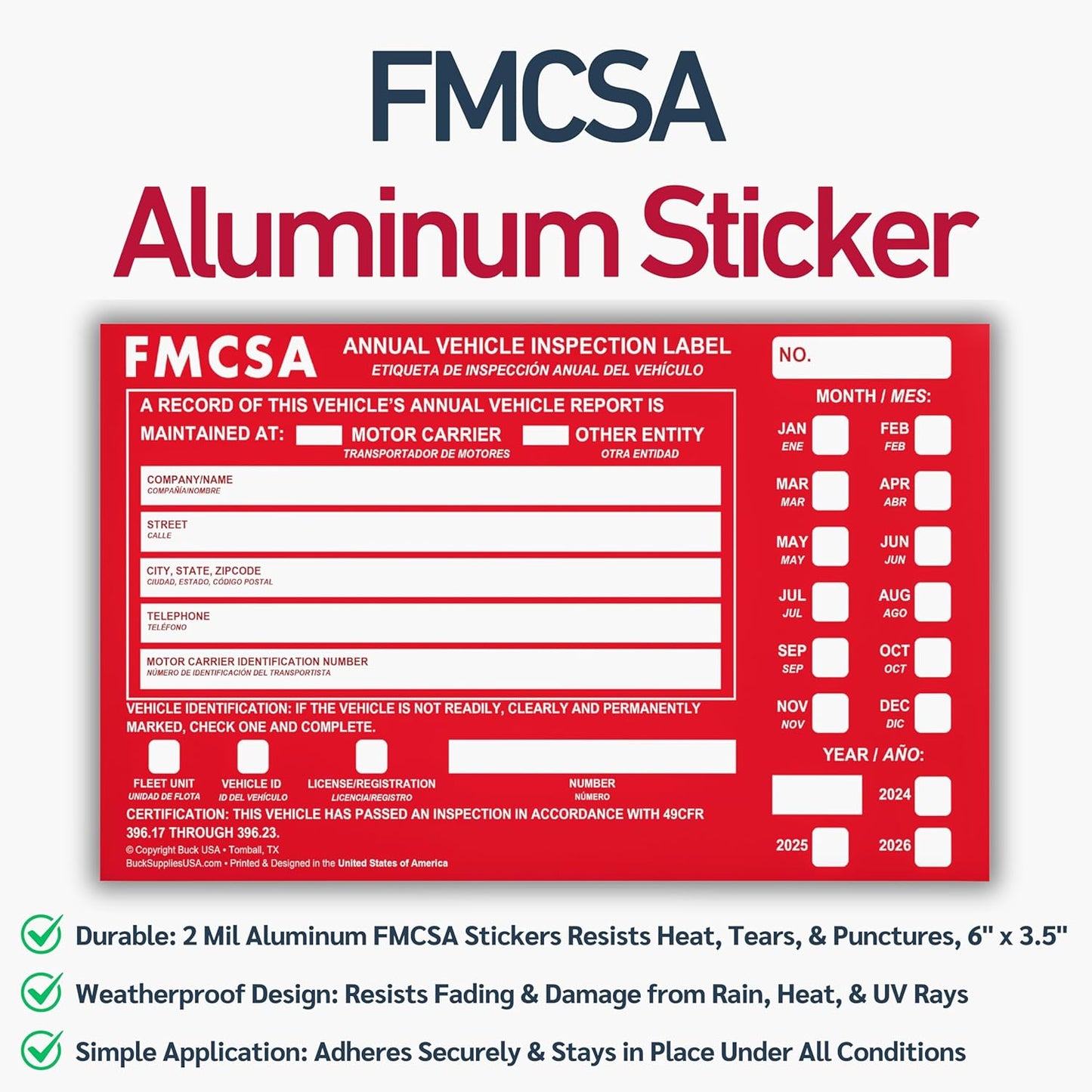 5 Pack 3-Ply Carbonless Annual Vehicle Inspection Report Forms with FMCSA Red Aluminum Labels & White Mylar Laminate Vinyl Labels, DOT Inspection Forms and Stickers, Shrink-Wrapped, 8.5" x 11.75"