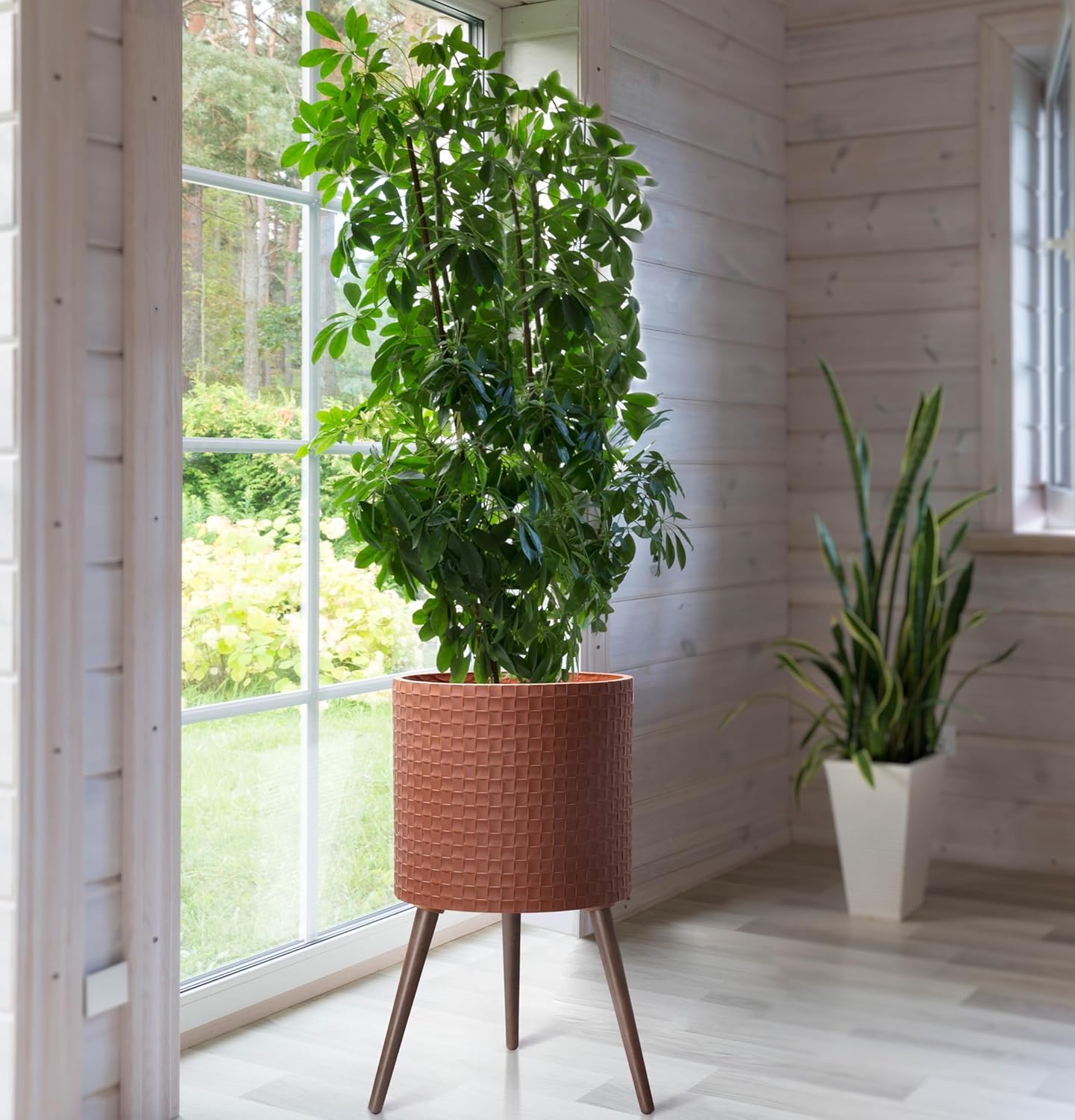 D'vine Dev 16 Inch Modern Geometric Tile Patterned Sleek Planter Pot with Stand, Indoor Outdoor Decorative Plant Holder, Terra Cotta, 88-Z-E-3