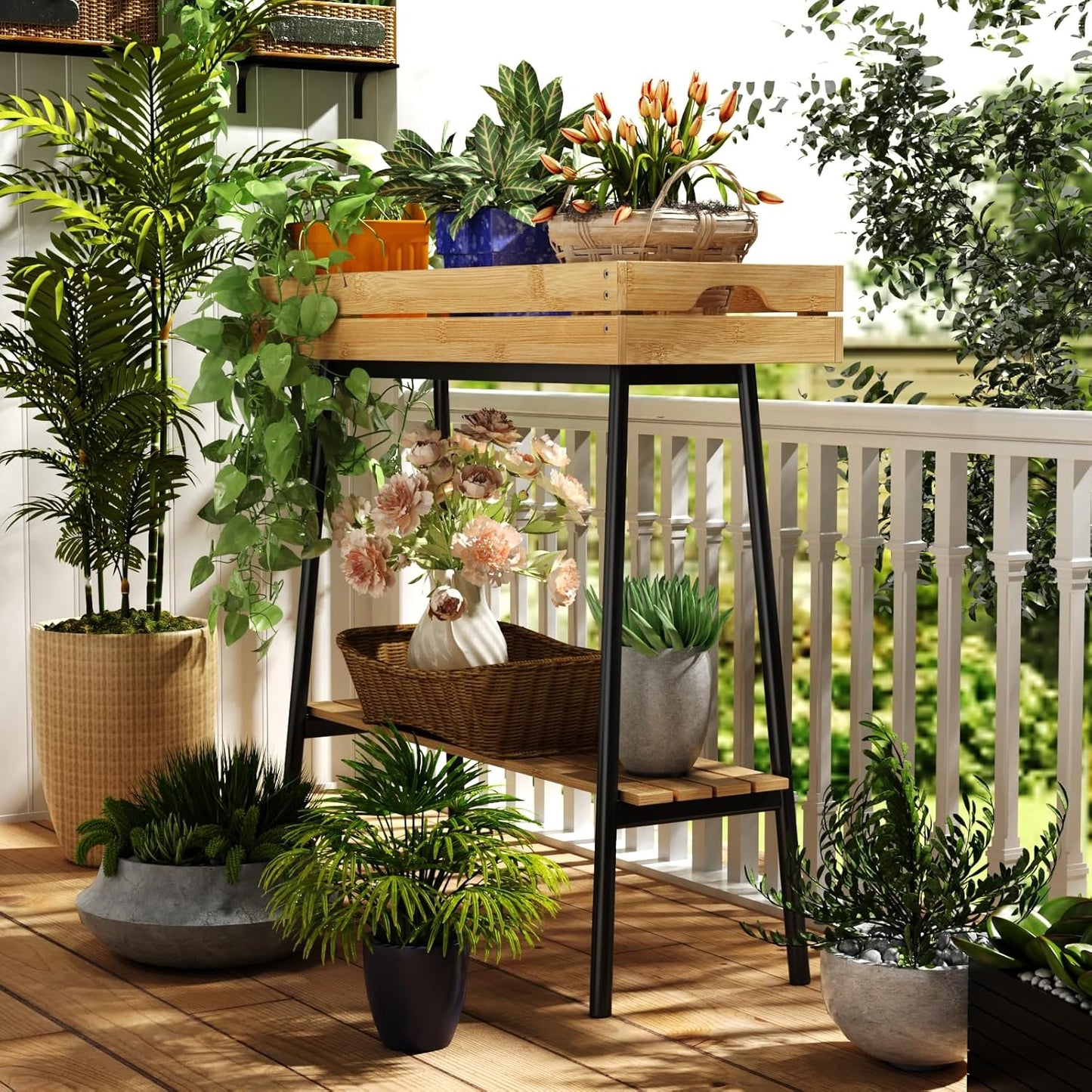BAMBANG Bamboo Plant Stand Indoor, 2 Tier Wood Small Plant Table, Tall Plant Stand for Indoor Plants, Window Sill Plant Shelf, Flower Pot Holder Plant Bench Plant Rack for Living Room Balcony Outdoor