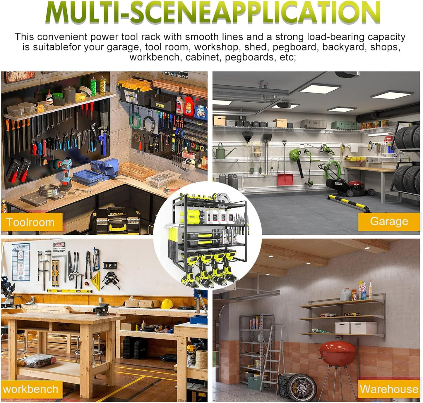 Wall Mount Power Tool Organizer, 4 Layer 4 Drill Hangers Storage Rack, Tool Organizers and Storage for Garage, Workshop, Pegboard, Shed - 16 inch