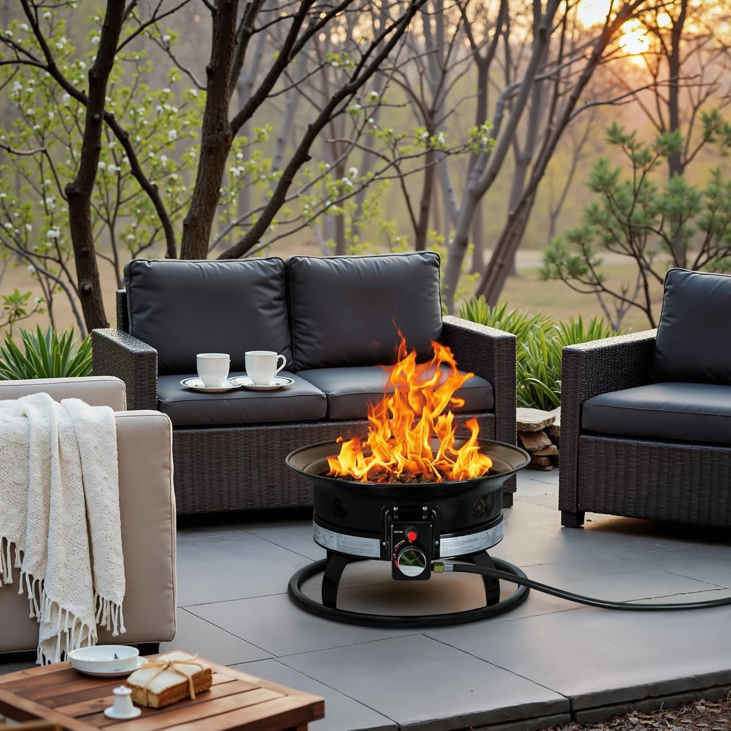 GUNJI 19-inch Portable Propane Fire Pit Table for Outside, Smokeless Gas Fire Bowl with Auto-Ignition, Lid & Carry Kit, for Patio, Camping, Tailgating, Deck, Backyard, RV