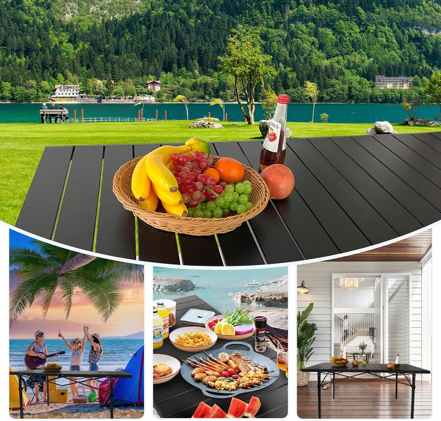 Large Folding Camping Table Aluminum for 5-7 People 55"X27.5" Roll Up Tall Outdoor Portable Table Lightweight with Carry Bag for Picnic BBQ Backyard Beach Black