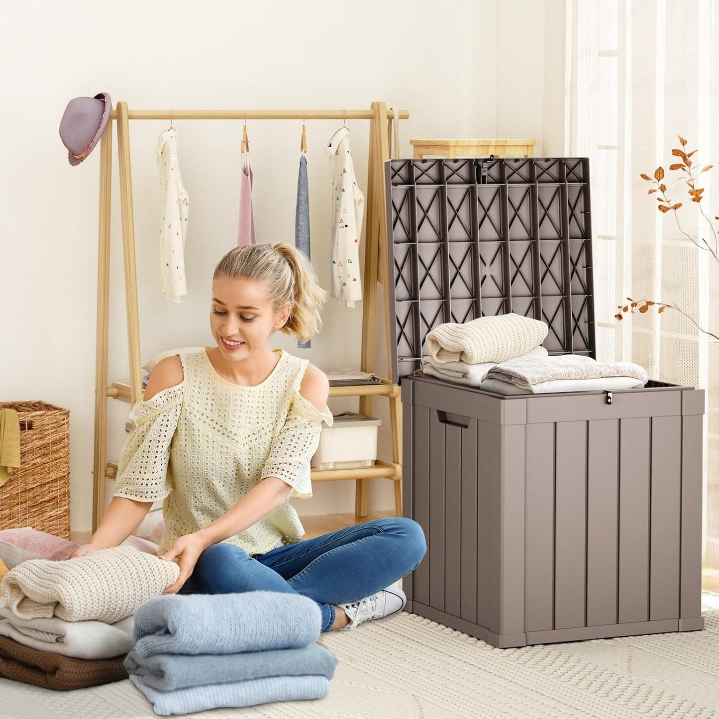 DRATO 50 Gallon Deck Box, Outdoor Storage Box for Patio Cushion, Sports Equipment, Garden Tools, Waterproof Patio Storage box, Lockable (Light Brown)