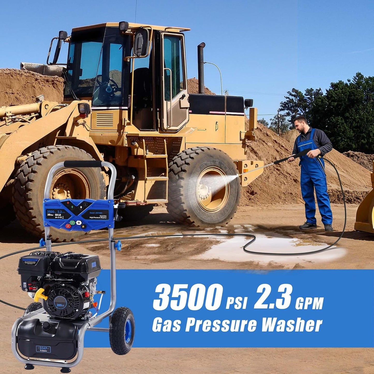 3500 PSI Gas Pressure Washer, 209CC Engine, 2.3 GPM, 4 Adjustable Nozzles, 25ft Hose for Cleaning Cars, Patios, Walls, and Gardens (Blue)