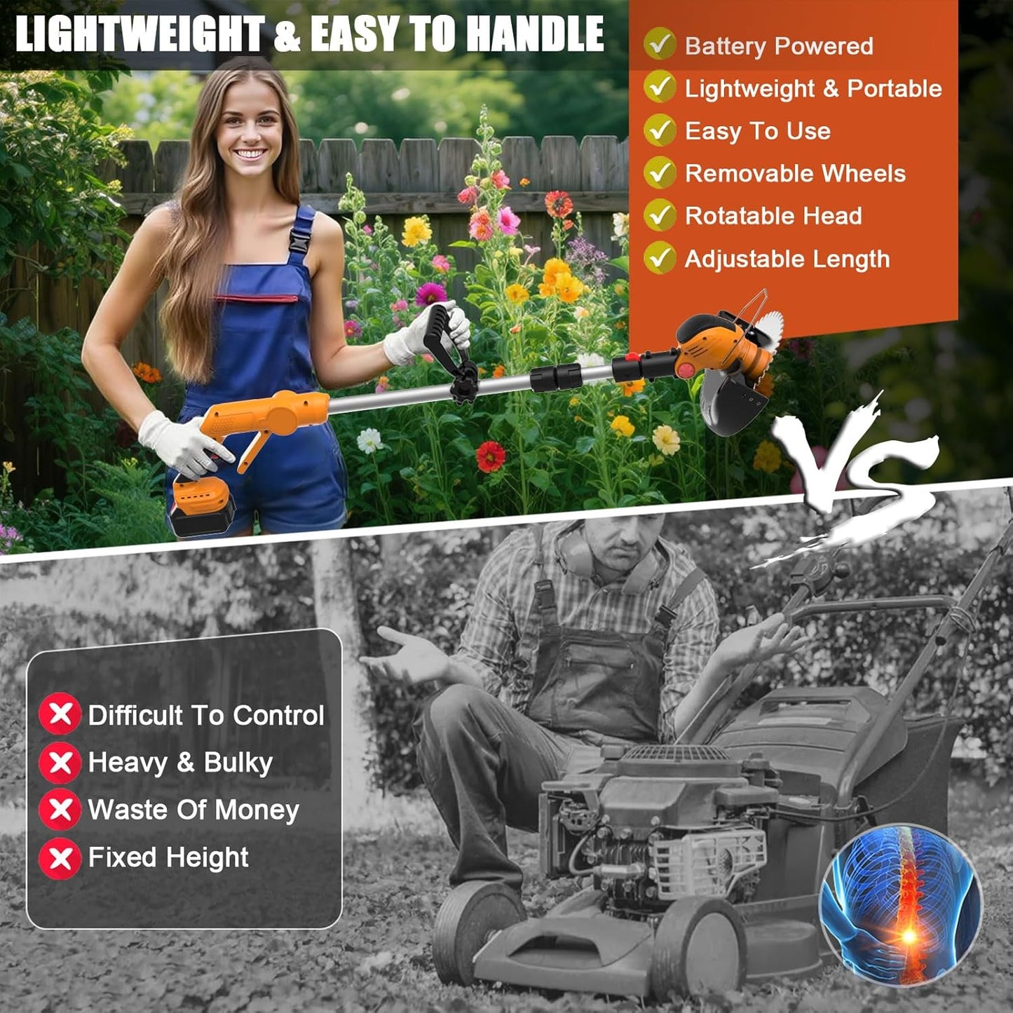 Cordless Weed Wacker Electric Eater Battery Powered, 21v Lightweight Weed Trimmer With 2 4.0Ah Battery Operated & Charger & Wheels & Shears, 3 In1 Grass Trimmer/Brush Cutter/Edger for Yard Garden Lawn