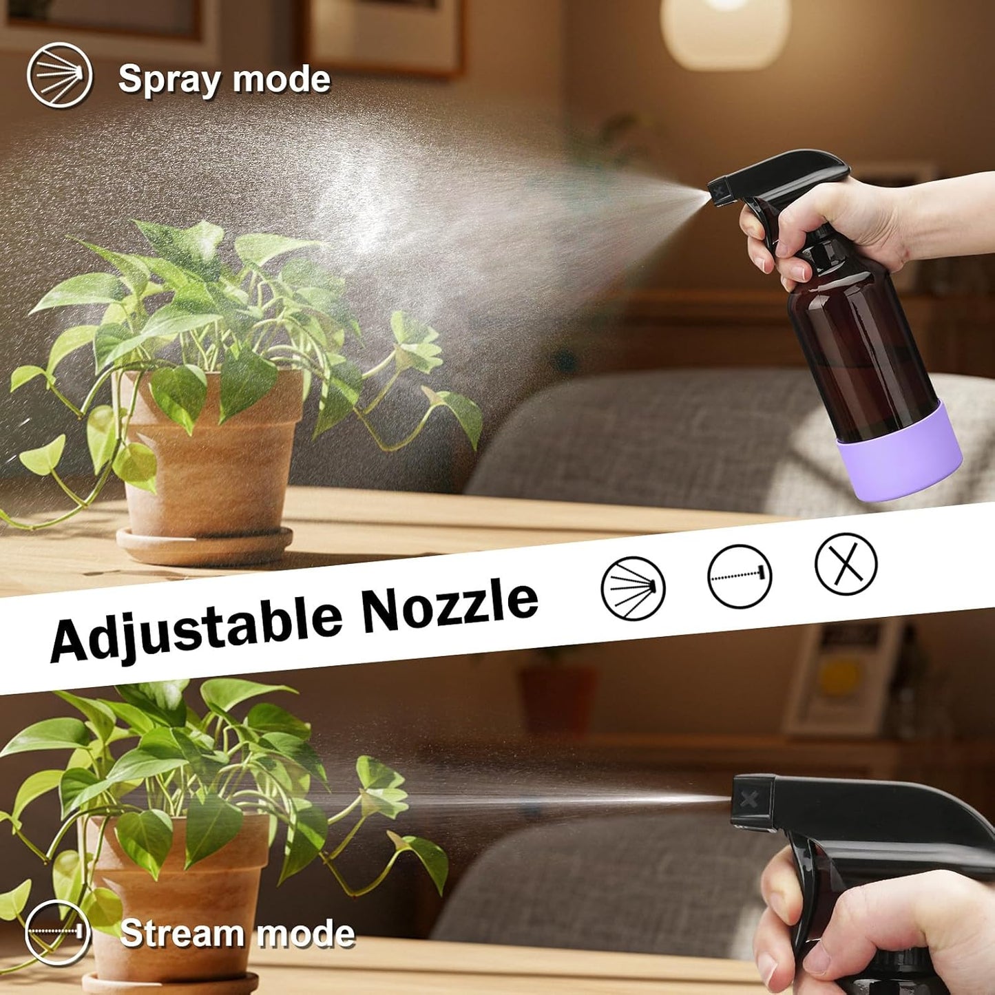 Glass Spray Bottles with Silicone Sleeve 16.9oz 2 Pack Empty Spray Bottle for Hair Mist/Stream Spraying for Cleaning Solutions, Plants, Essential Oils (Brown-qblue&purple)