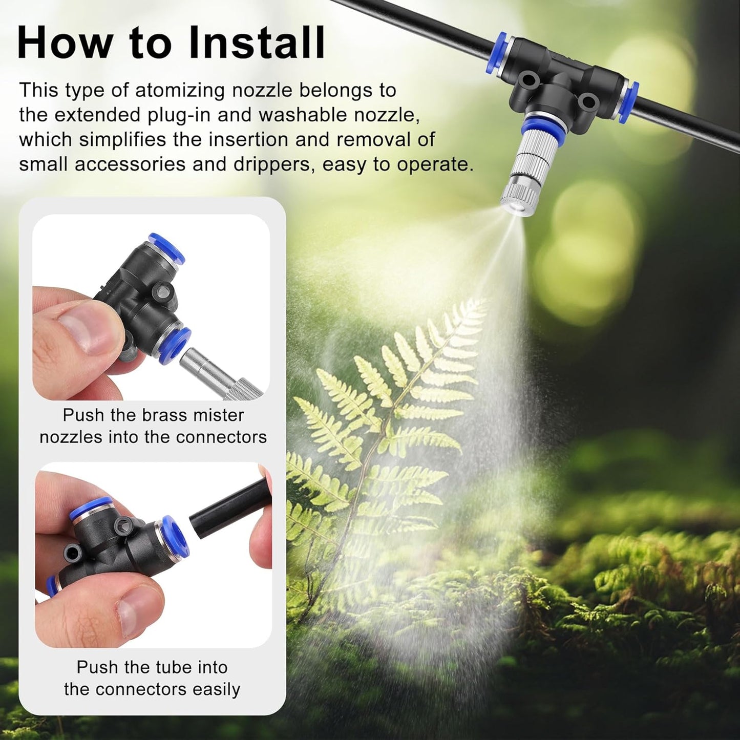 Mornajina 20 Pcs Brass Misting Nozzles Mister Replacement Nozzles with Filter Mesh & 1/4" Water Misting Nozzle Tees Kit, 0.012"/0.3mm Orifice Misting System Heads Sprayer for Outdoor Cooling System,