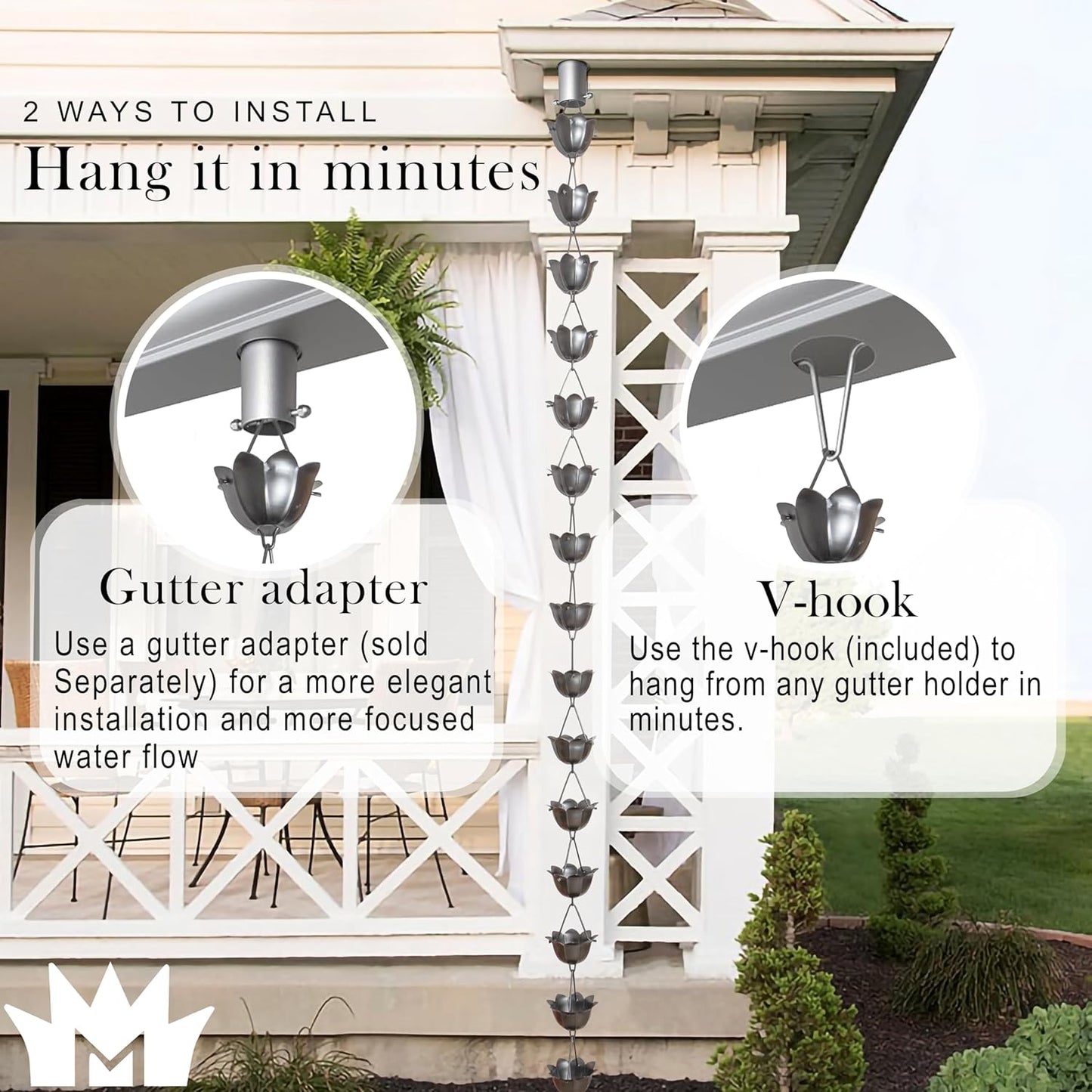 Monarch Rain Chains Aluminum Large Lotus Rain Chain, 8.5 ft Pewter Powder Coated Aluminum Decorative Rain Catcher Chain for Gutters, Pewter Aluminum Rain Gutter Replacement Downspout