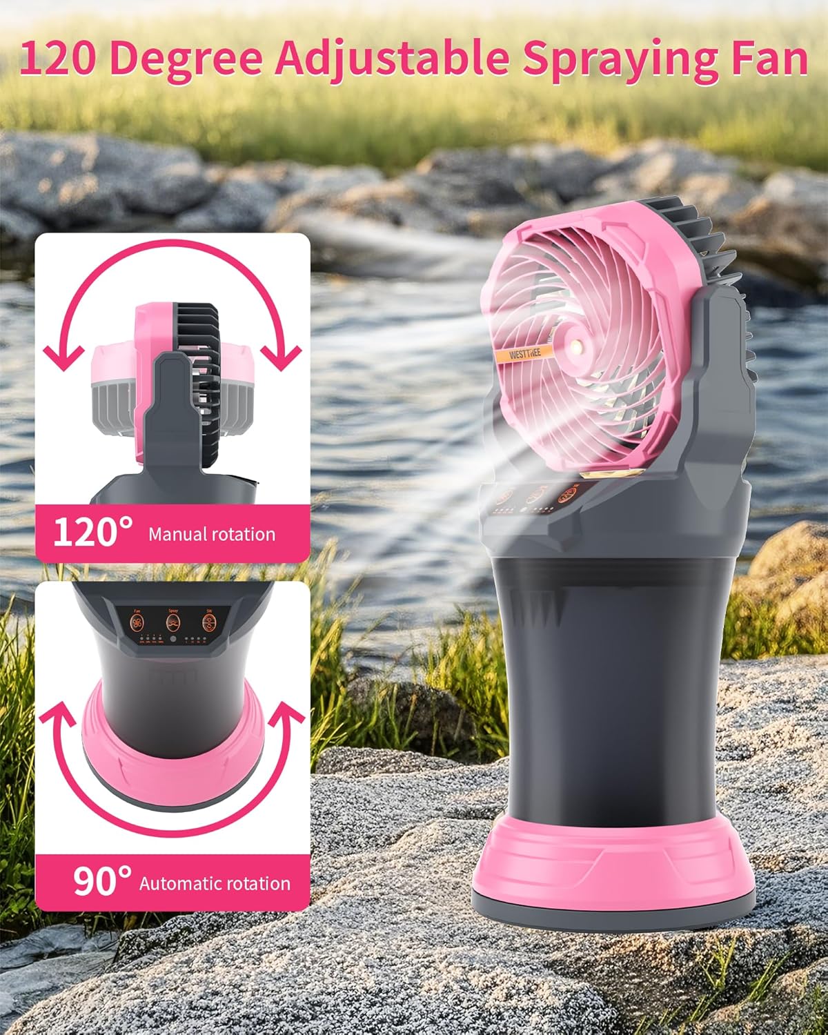 Portable Misting Fan with Large Battery Fan-Rechargeable Outdoor Misting Cooling Fans with 2L Water Tank,RGB Lights,4 Speeds & Spray Modes-for Patio, Camping, Beach, Workshop (Gray-Pink)