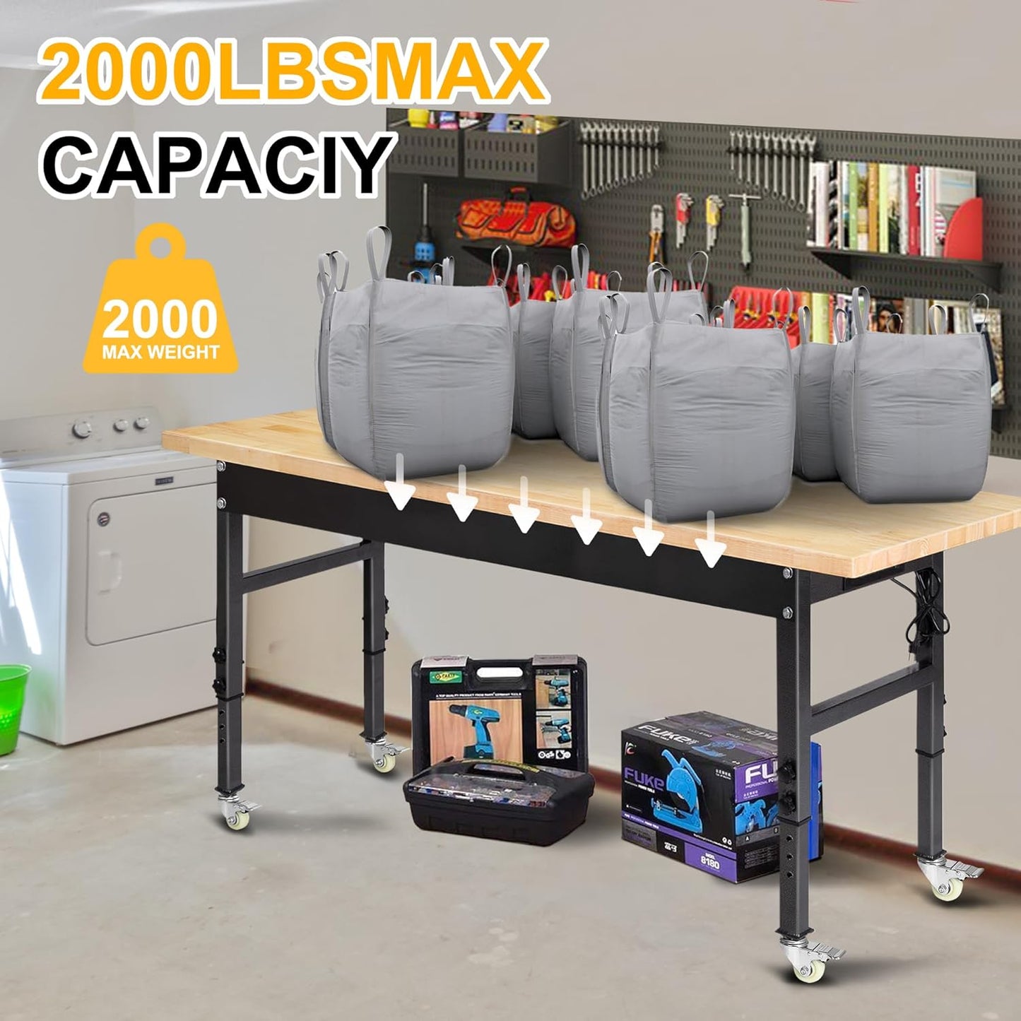 70'' Adjustable Workbench, Rubber Wood Top Work Bench Heavy-Duty Work Table with Socket, Wheels and Fixed Legs 2000 LBS Load Capacity Hardwood Sewing Table for Garage, Workshop, Home, Office