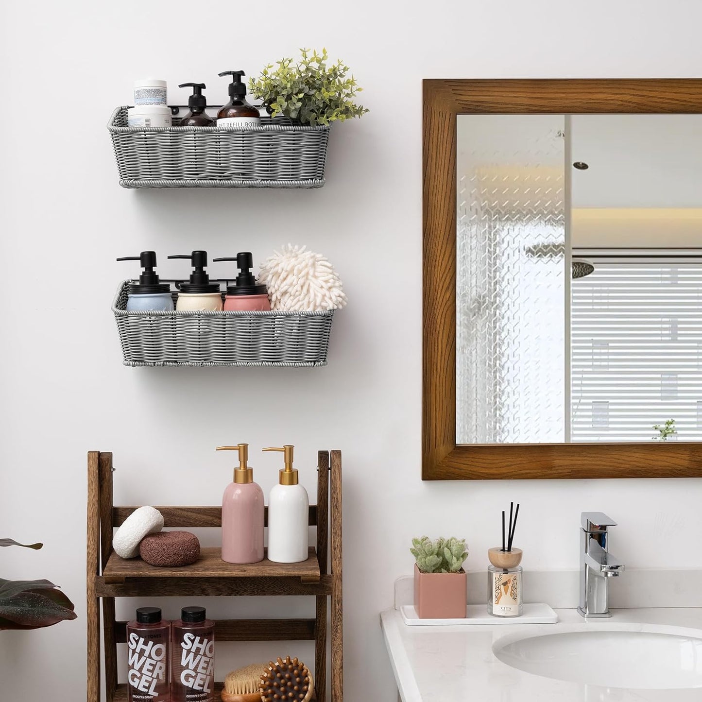 GRANNY SAYS Wicker Hanging Basket, 2 Pack Storage Baskets for Cabinet, Wall Mount Fruit Basket for Kitchen, Adhesive Bathroom Cabinet Organizer, Pantry Organizers and Storage, Gray