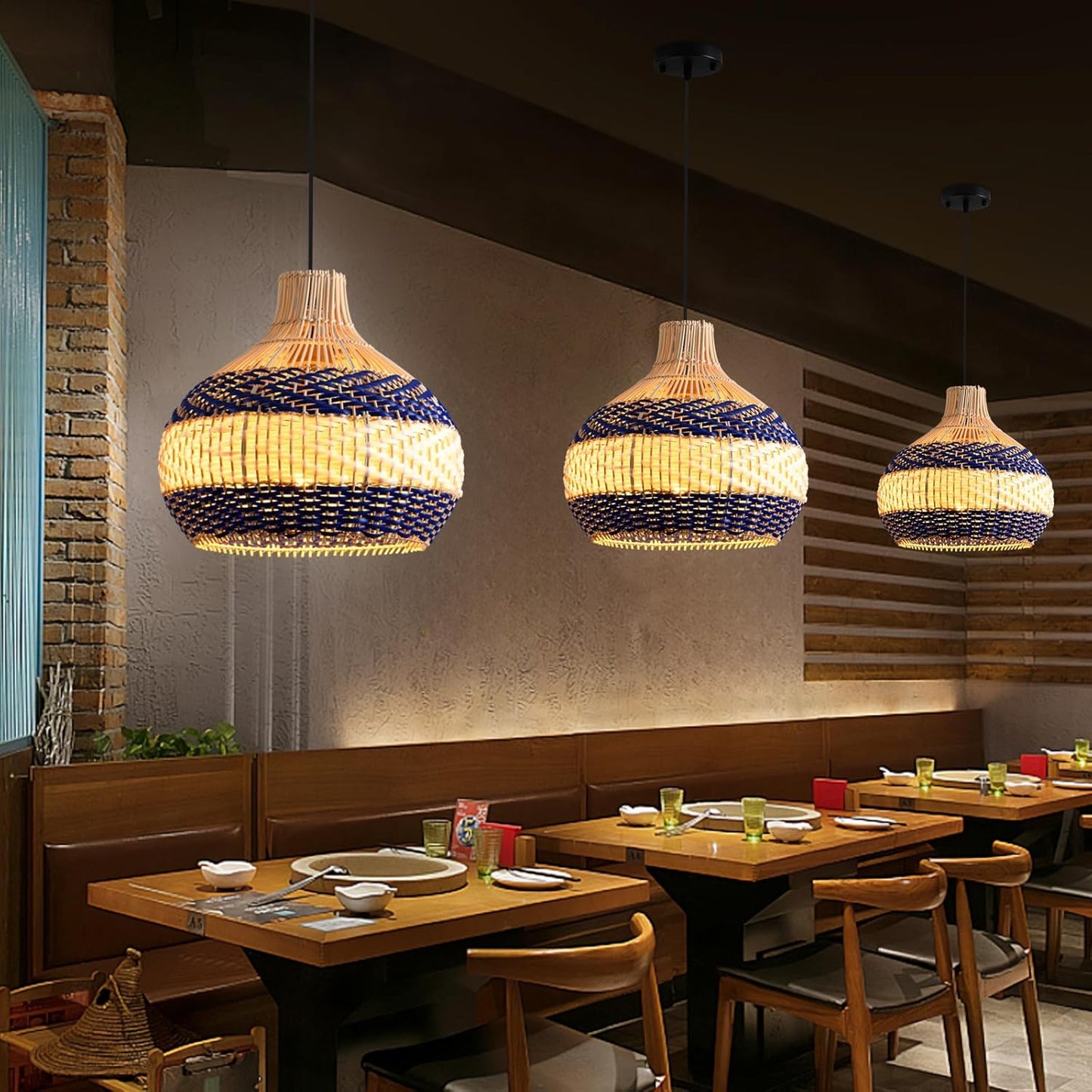 3-Light Rattan Pendant Light 15" Hand-Woven Blue White Wicker Basket Chandelier Boho Faux Rattan Hanging Light,for Living Room Bedroom Kitchen Hallway Dining Farmhouse 1-Pack