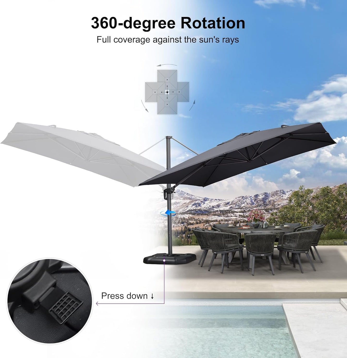 PURPLE LEAF 11.5' X 11.5' Telescopic Patio Umbrella Outdoor Cantilever Umbrella Square Up Down Lifting Offset Umbrella with 360-degree Rotation for Garden Deck Pool Patio Grey