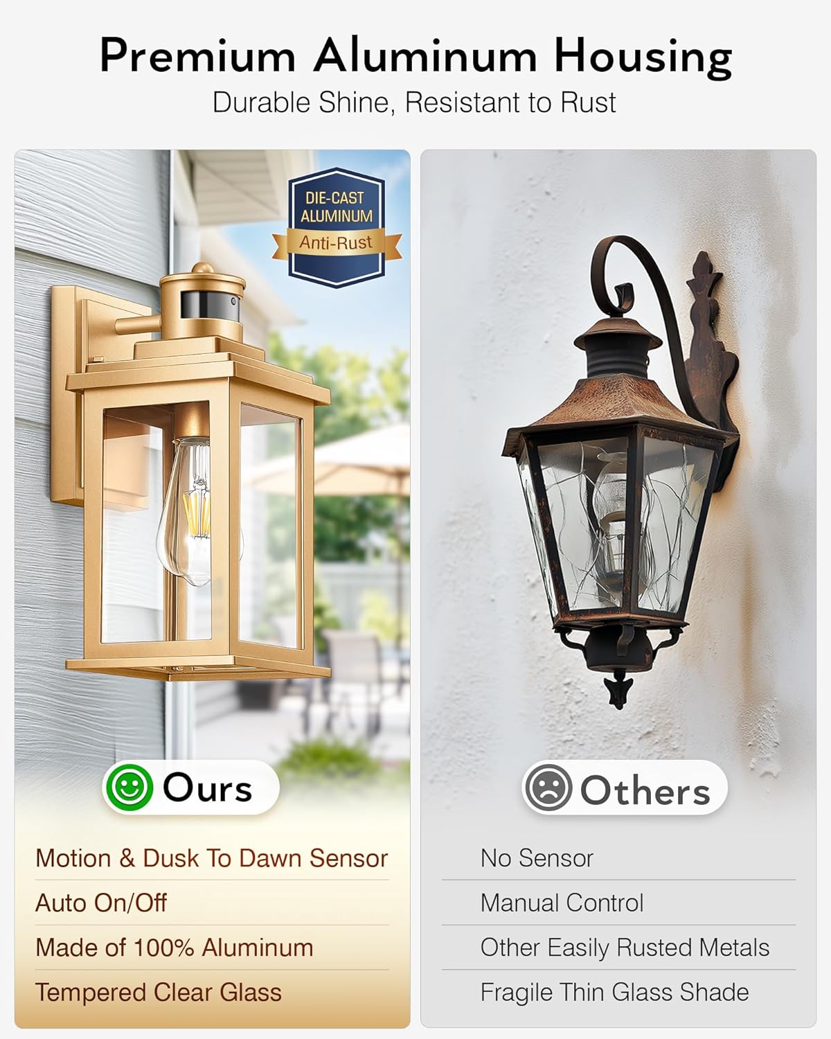 VIANIS Motion Sensor Outdoor Wall Lights Sconce, 2 Pack Dusk to Dawn Outdoor Light Fixture, Gold Waterproof Outdoor Motion Sensor Light for House, Doorway, Entryway, Garden,Hardwired, Non-Solar