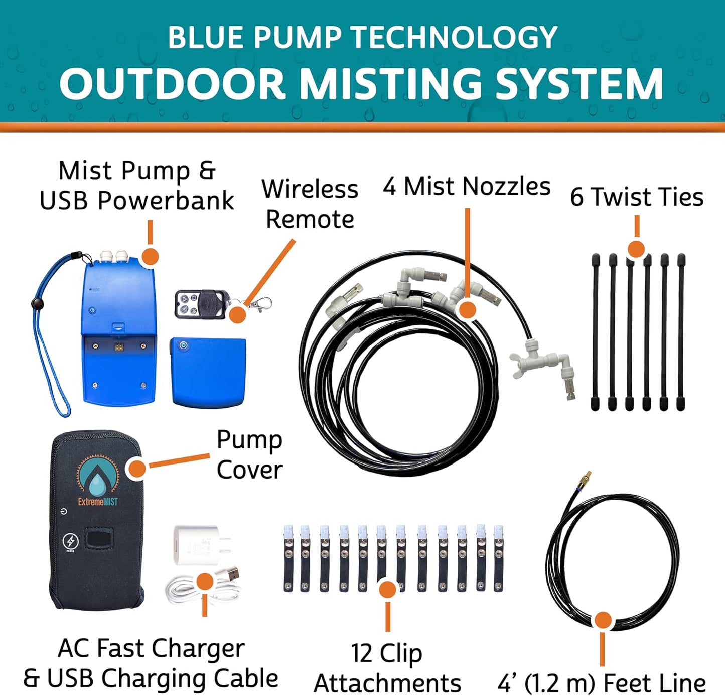 Professional Grade Portable Misting System - 4 Mist Nozzles | Pump | Easy to Setup | 16 ft. Mist Line for Outdoor Patios, Golf Carts, Greenhouses, Canopy and Decks - Cools The air up to 30Β°F (17Β°C)!