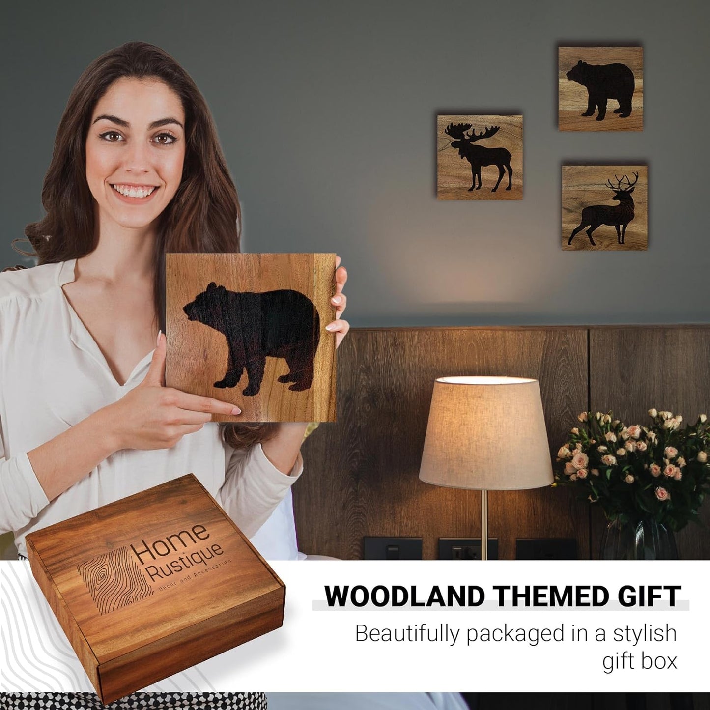 HomeRustique Real Wooden Cabin Decor with Bear, Deer and Moose (Set of 3) - Woodland Rustic Cabin Wall Decor & Art for Home, Living Room, Hunting Theme, Mountain Lodge or Bathroom