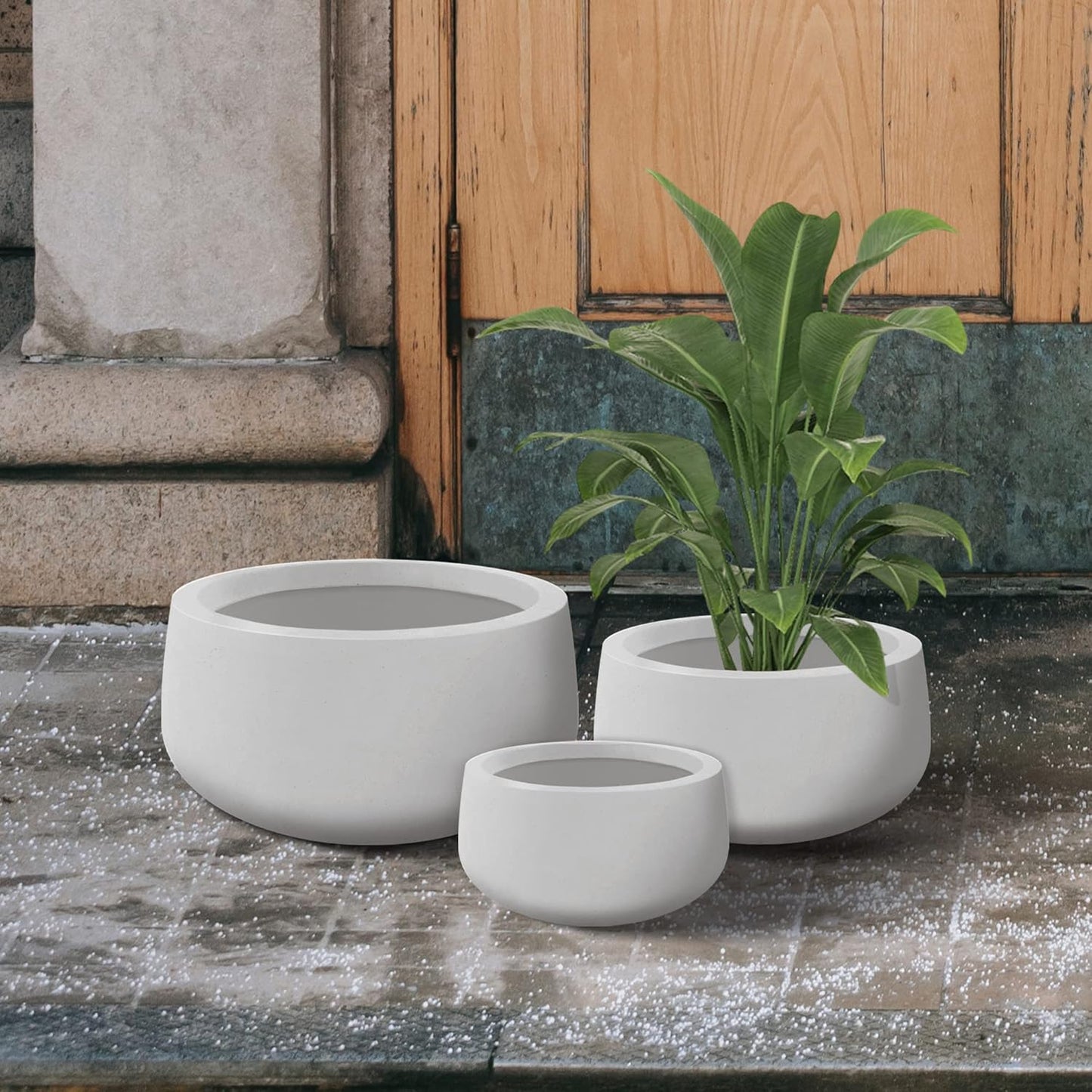 Kante 19.6",15.7",11.8" Dia Round Concrete Planters Set of 3, Outdoor Indoor Garden Plant Pots with Drainage Hole and Rubber Plug, Modern Curvaceous Design, Pure White